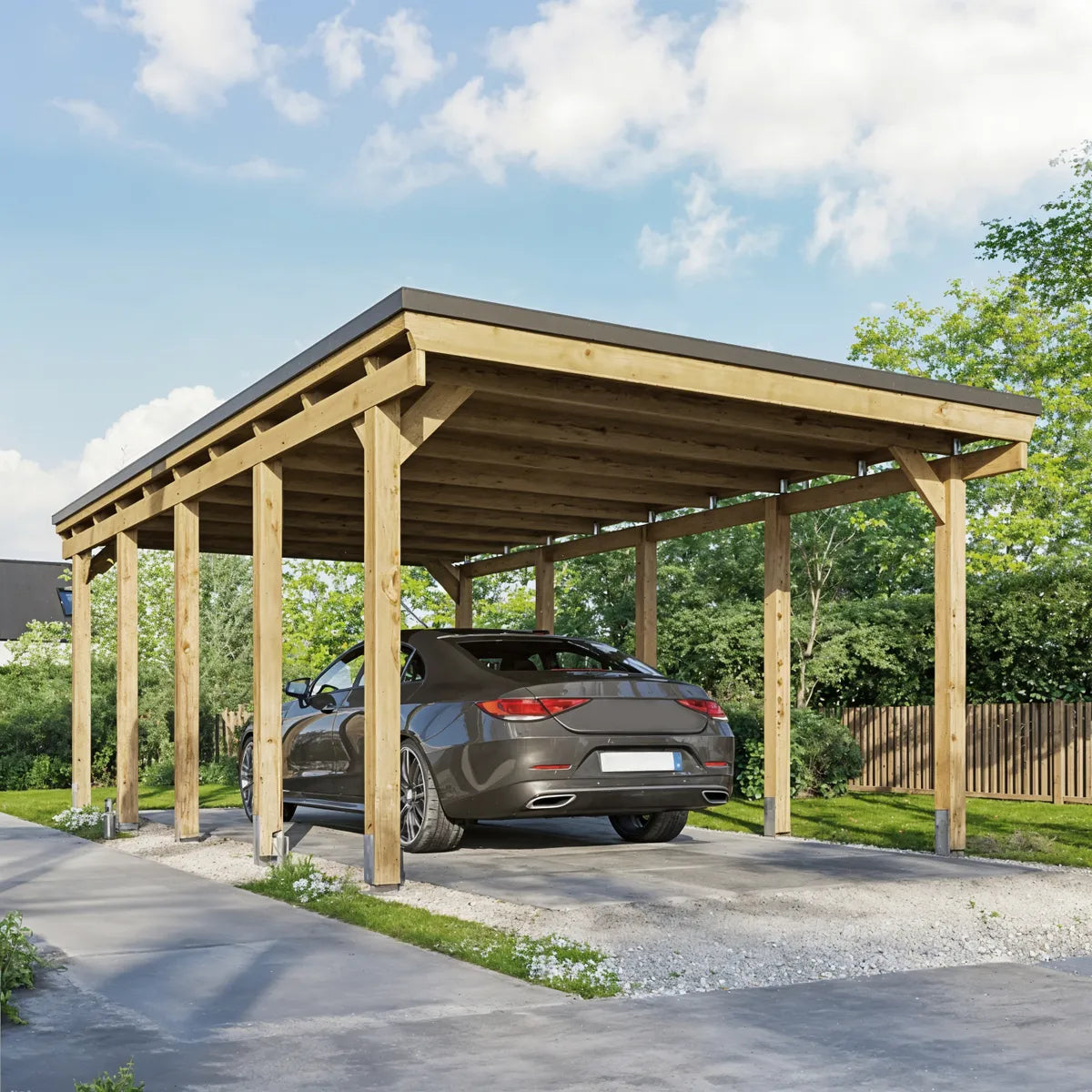 Carport bois 1 voiture Castellane, toit plat, ambiance jardin résidentiel