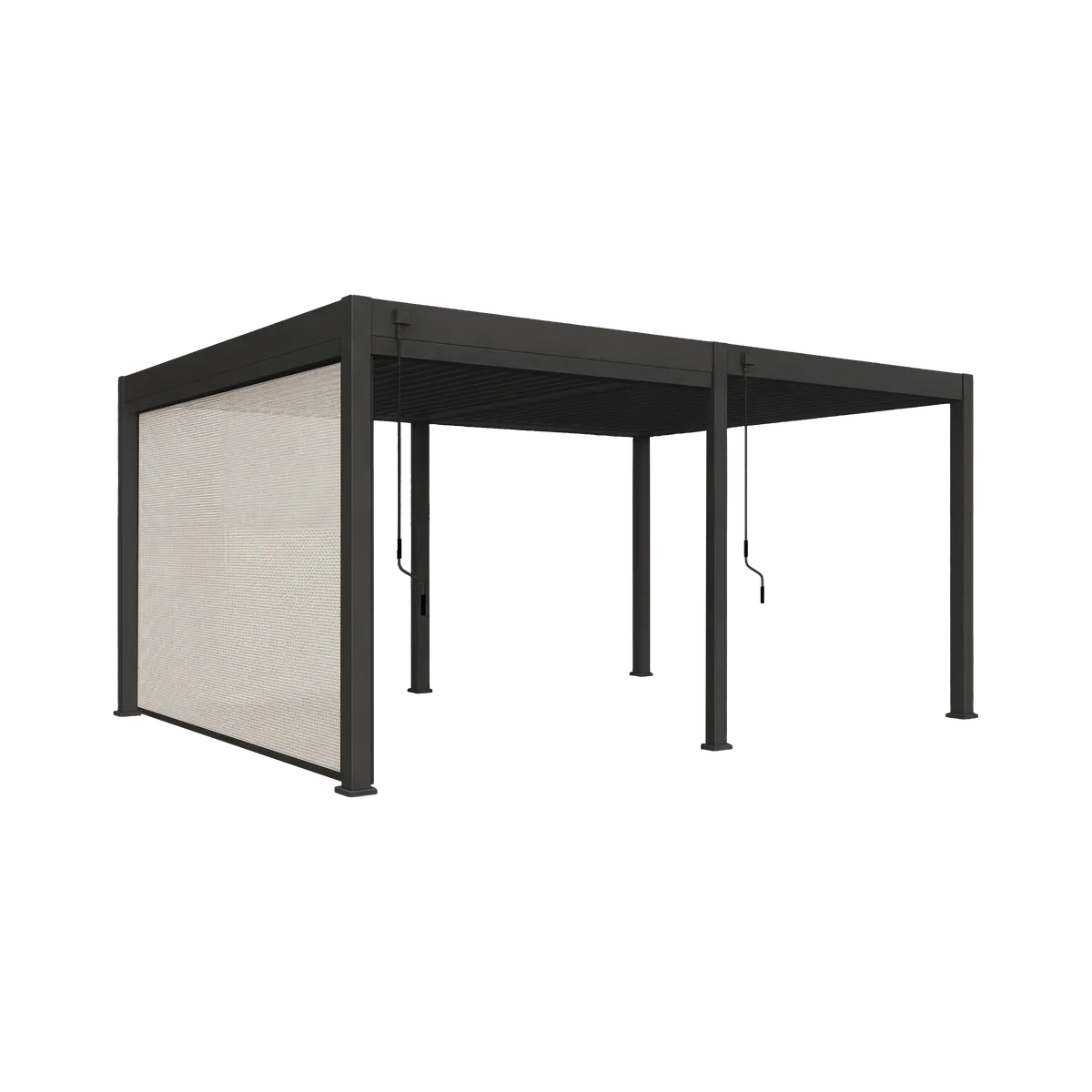 Bioklimatische Pergola aus Aluminium 3x6 m grau, freigestellte Ansicht auf schwarzem Hintergrund