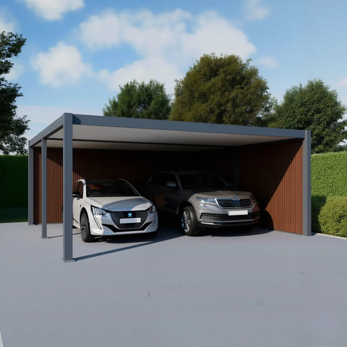 Aluminium-Carport für 2 Autos mit Holzverkleidung und moderner Struktur