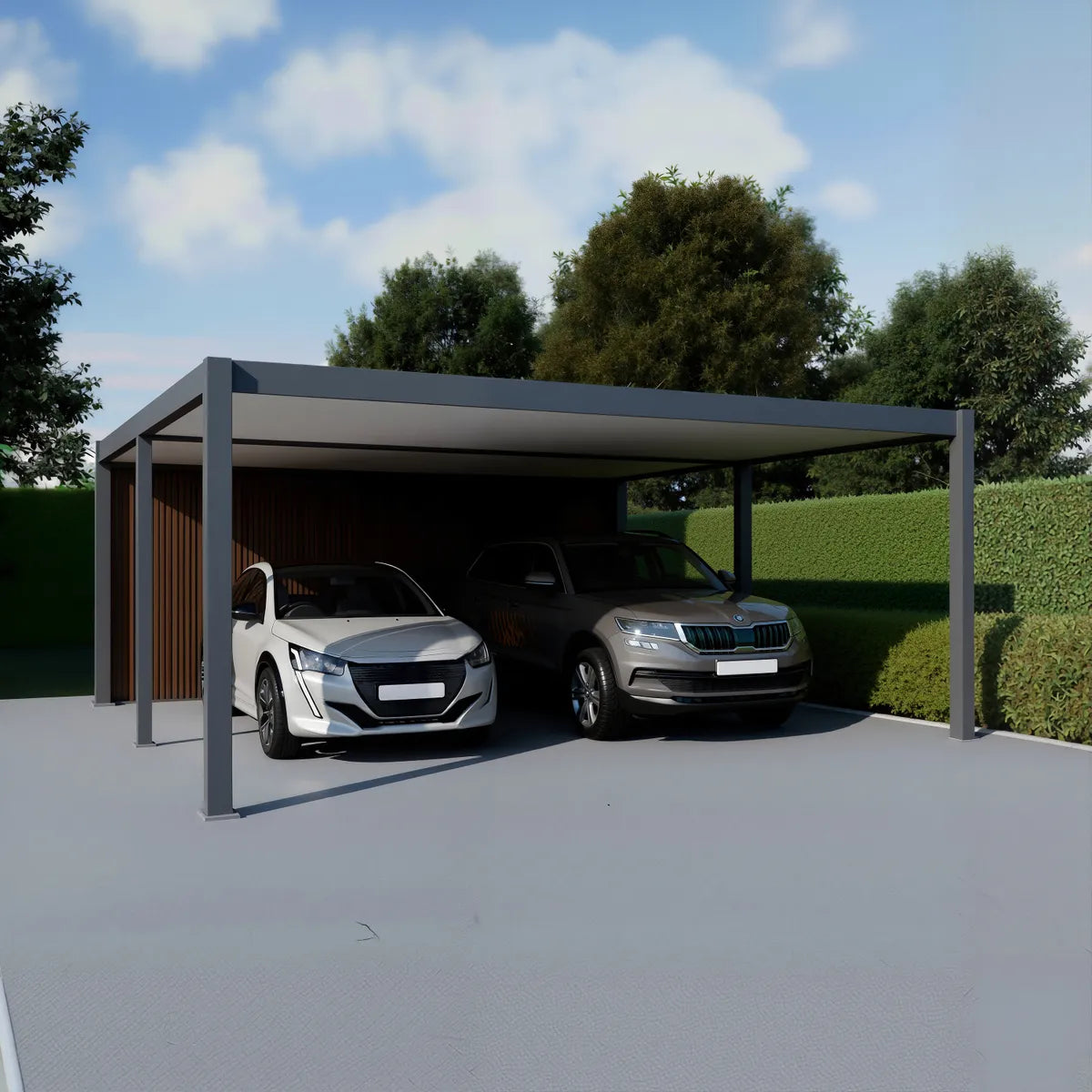 Offenes Aluminium-Carport für zwei Fahrzeuge mit Holzrückwandlatte