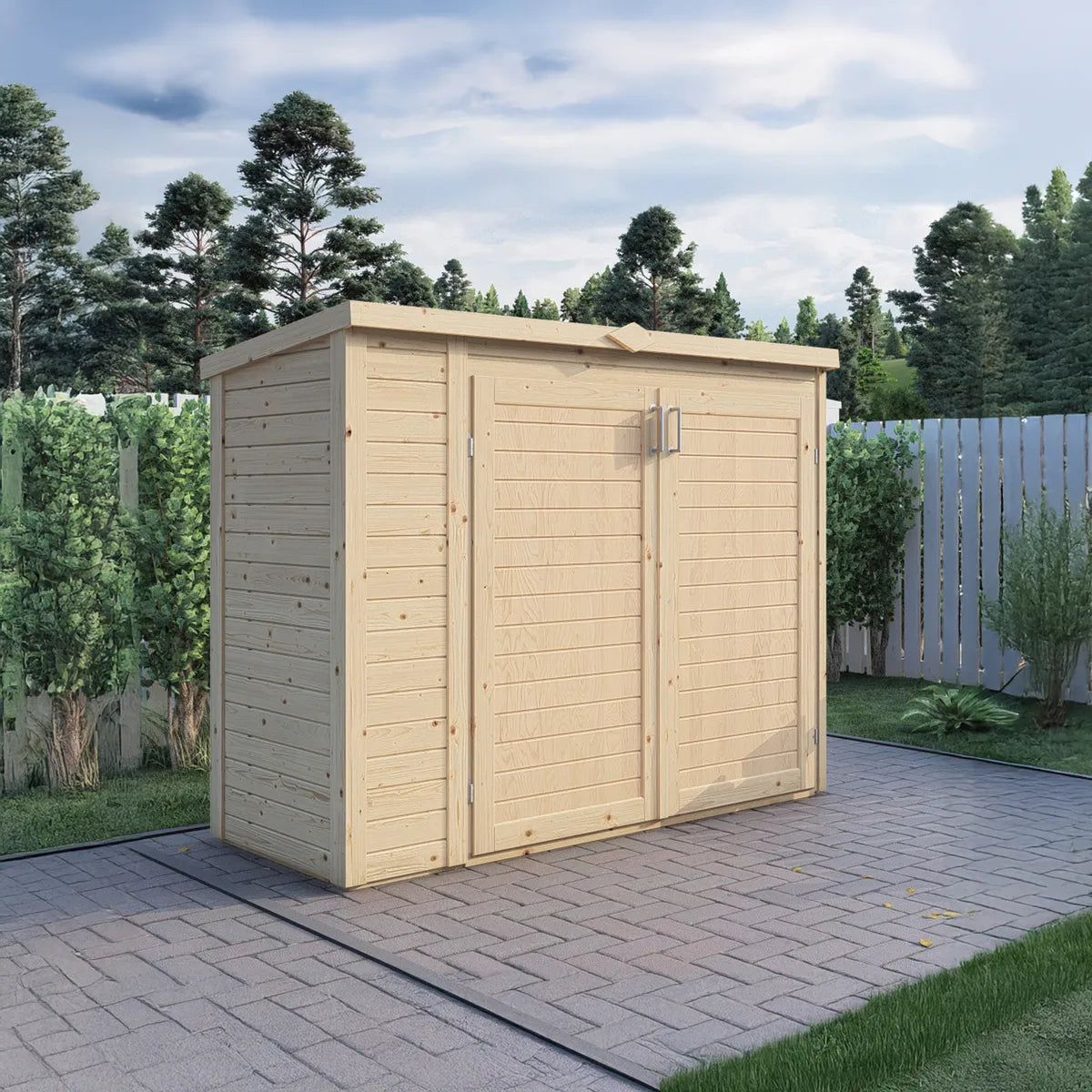 Casetta da giardino in legno Bora, spazio di stoccaggio all'esterno, giardino contemporaneo