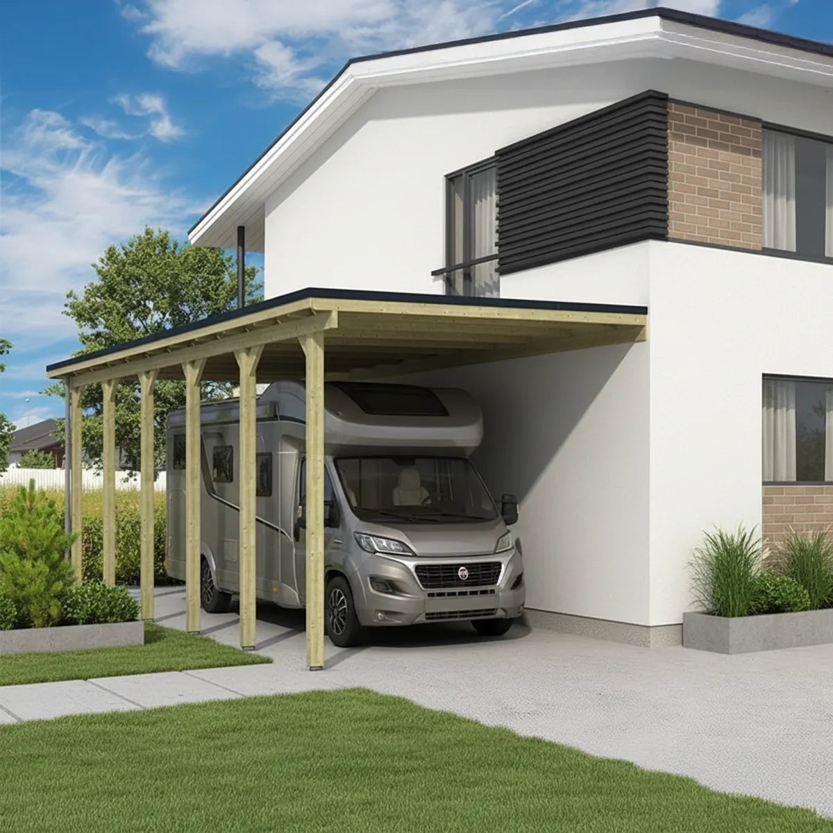 Carport bois pour camping-car en ambiance moderne, près d'une maison blanche