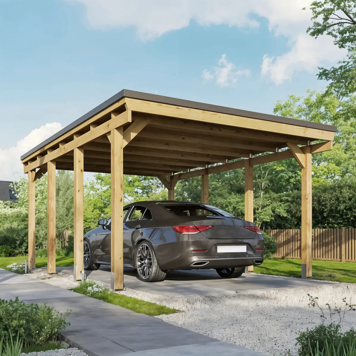Carport bois Castellane 1 voiture, ambiance jardin avec voiture grise