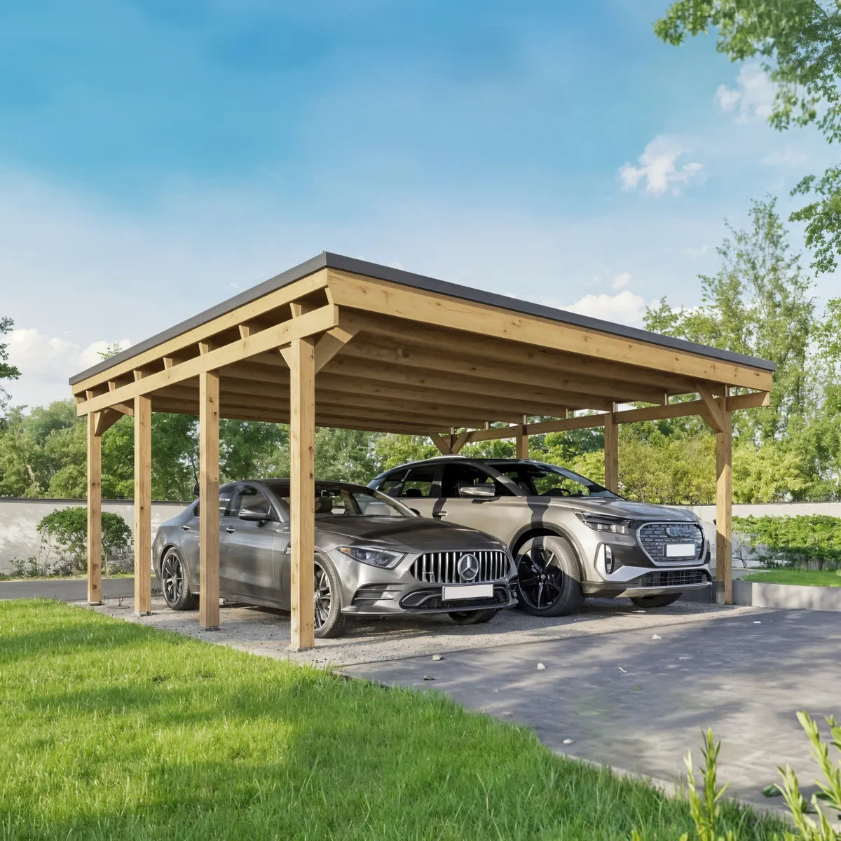 Holz-Carport Castellane für 2 Autos mit Bitumenfilzdach in Gartenatmosphäre