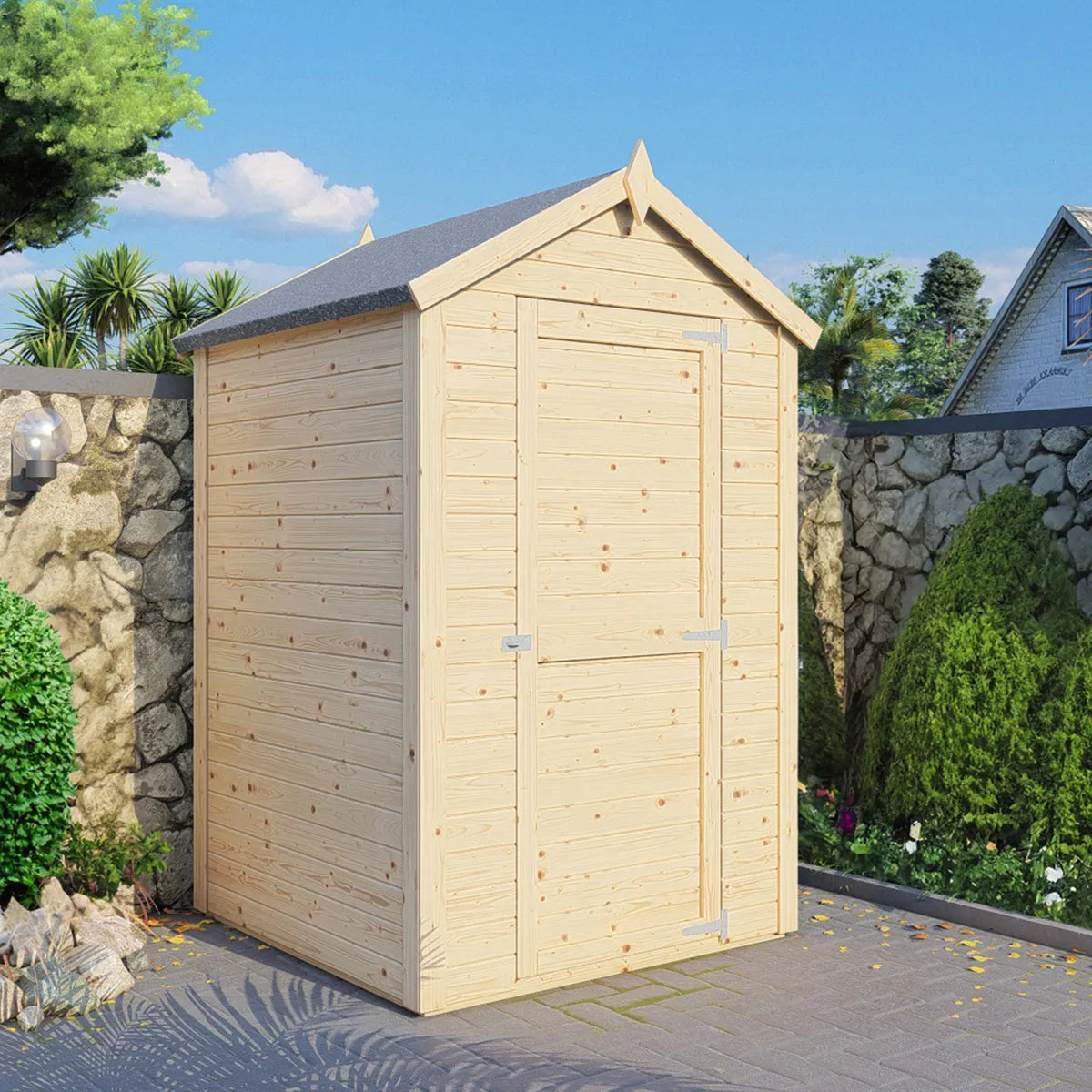 Gartenhaus aus Holz Fidji 120x126 cm in einem grünen Garten