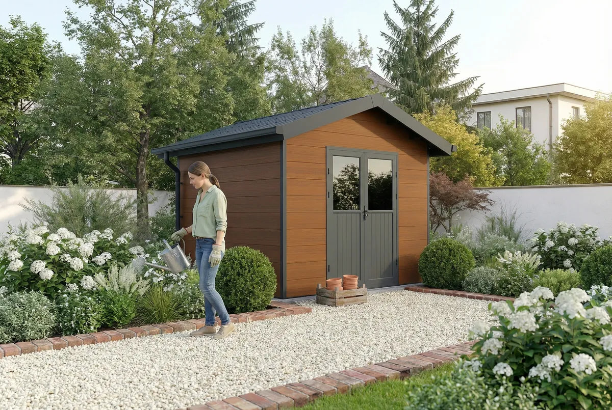 Abri composite Isora 9 m² brun, femme arrosant les fleurs devant