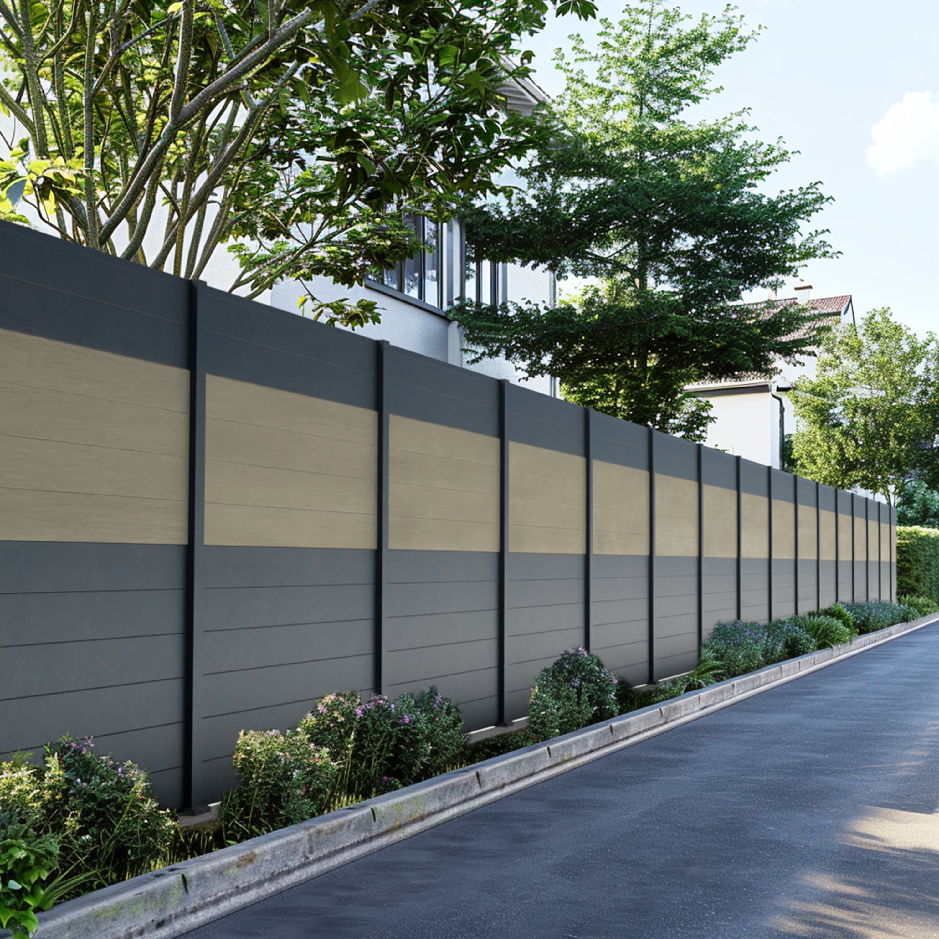 Clôture composite Cruz argent avec platines H180, ambiance jardin contemporain