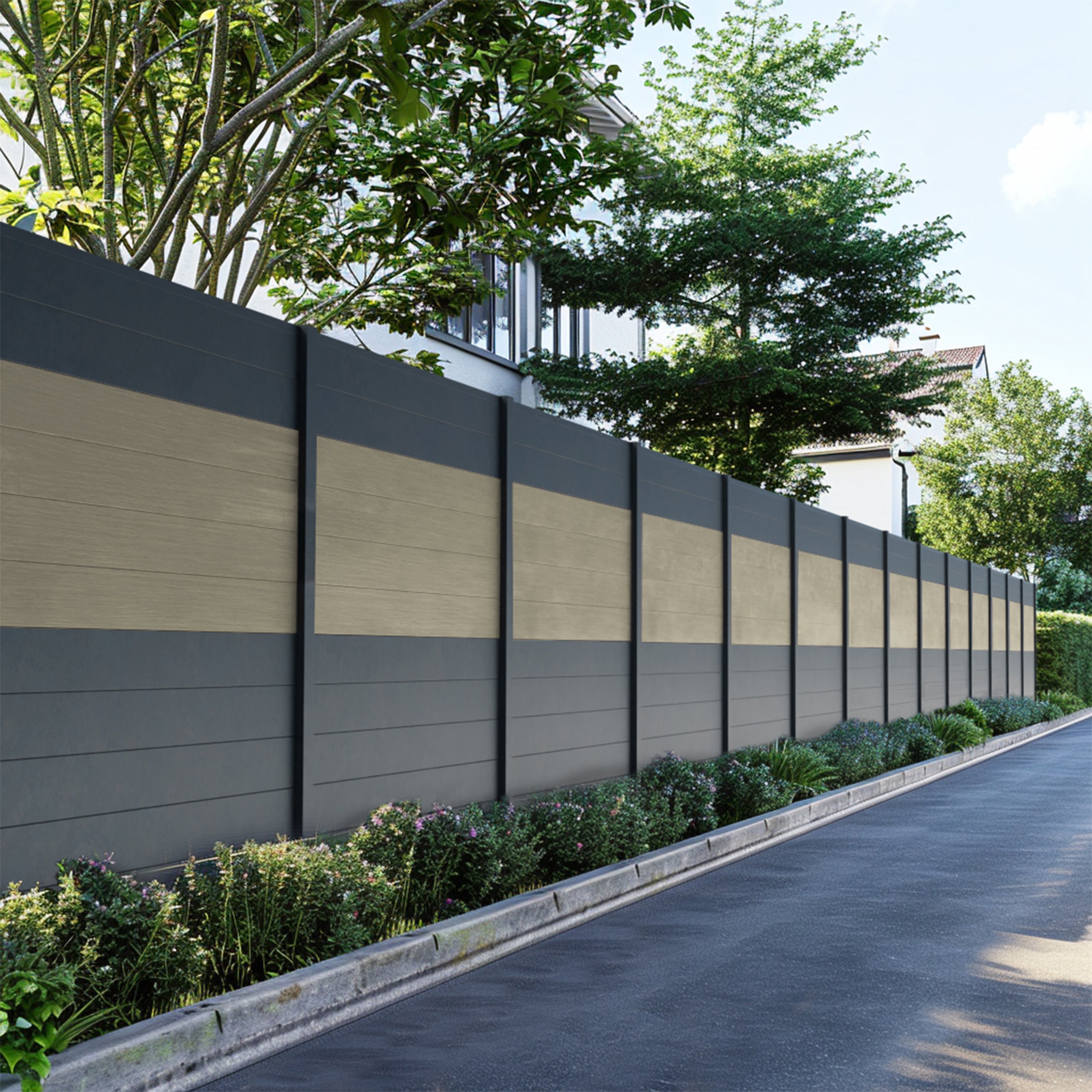 Clôture composite Cruz en teintes argent et beige pour délimiter un espace extérieur