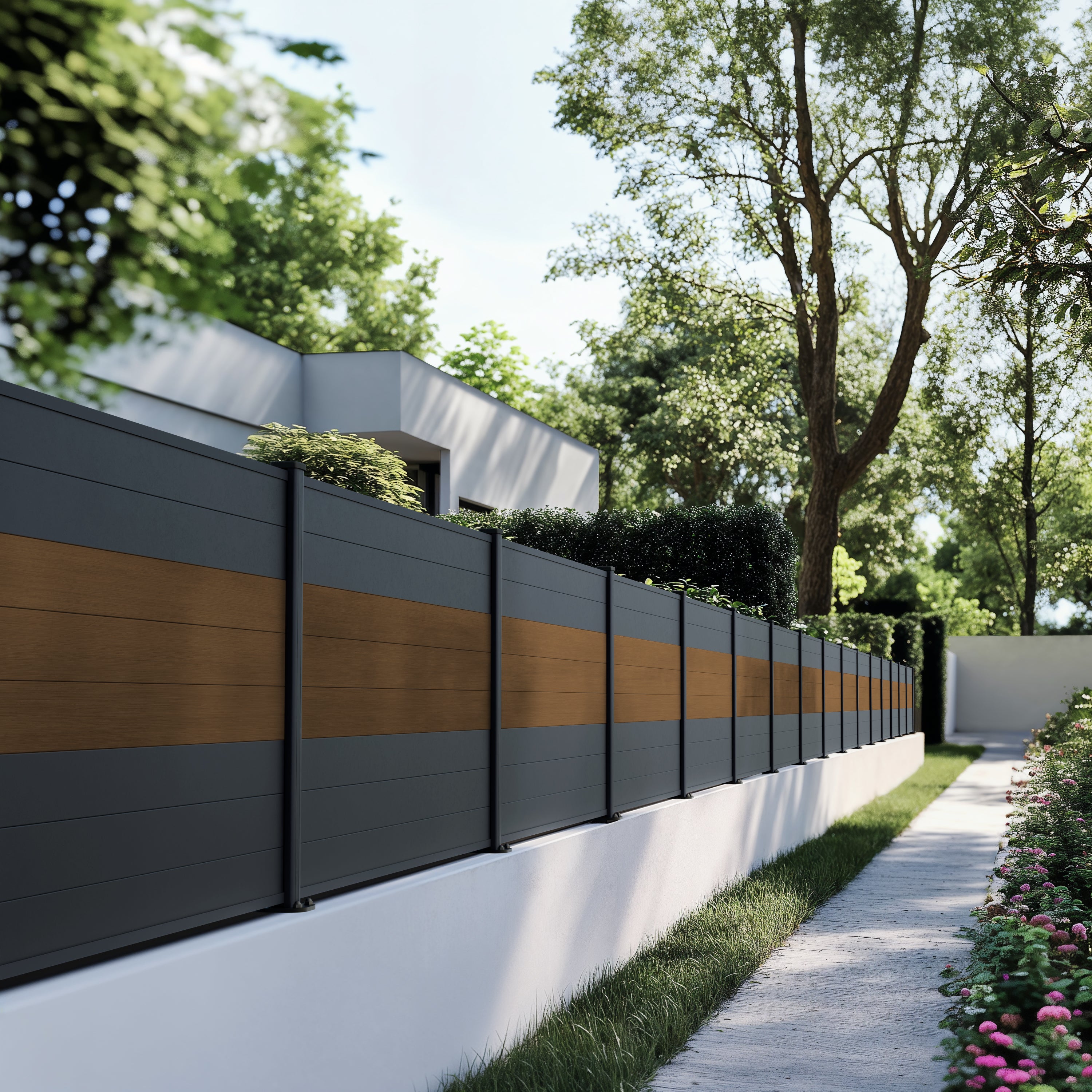 Clôture composite teck gamme Cruz avec décors en bois dans un jardin