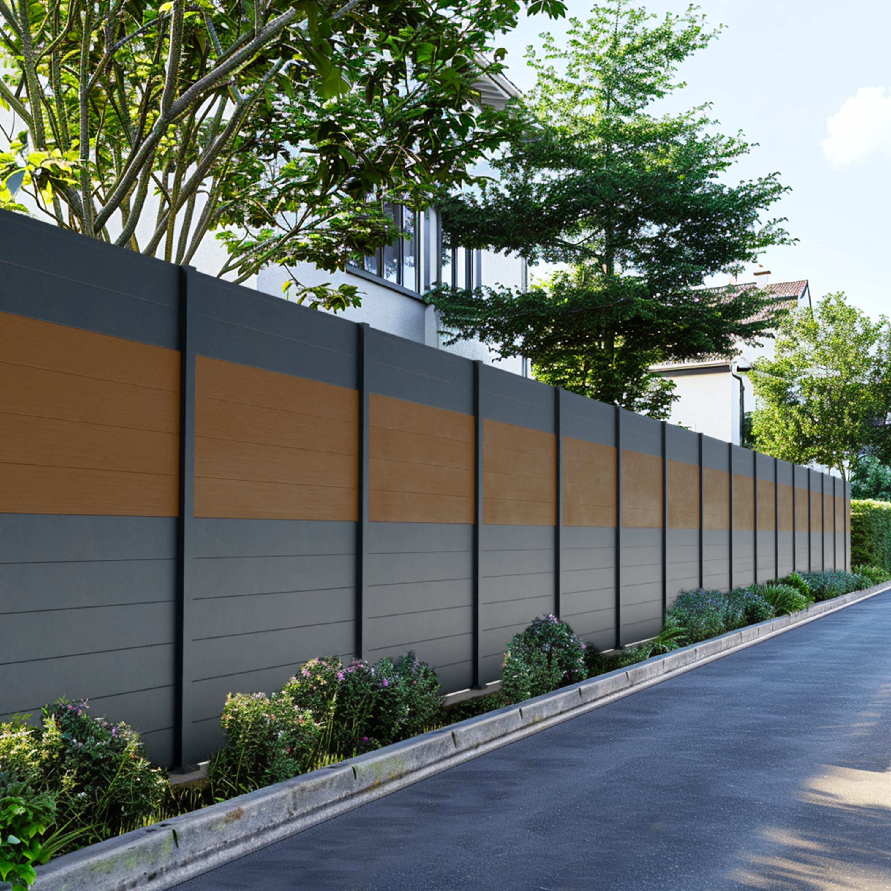 Clôture composite Cruz en teck avec platines, ambiance jardin moderne