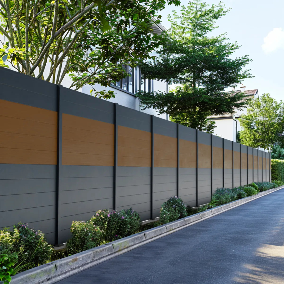 Recinzione composita Cruz in teak con piastre di fissaggio, atmosfera giardino moderno