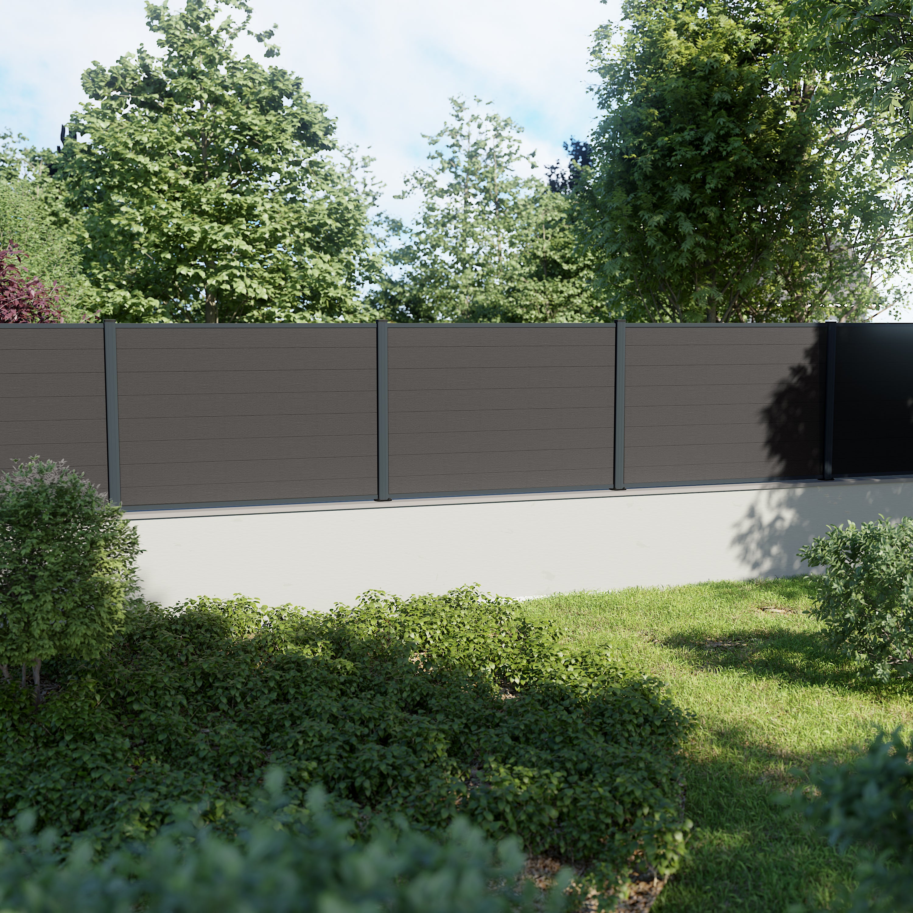 Clôture composite Rio anthracite avec finition bois naturel, jardin moderne