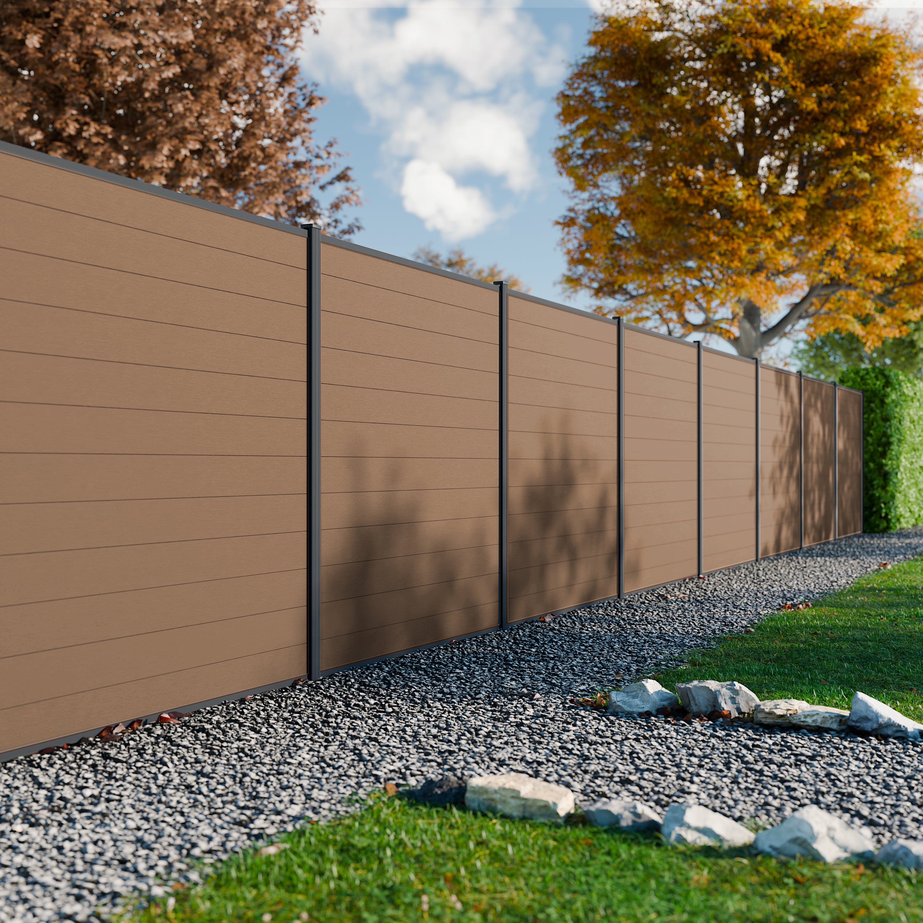 Clôture composite Rio bronze scellée H180, texture bois naturel dans jardin