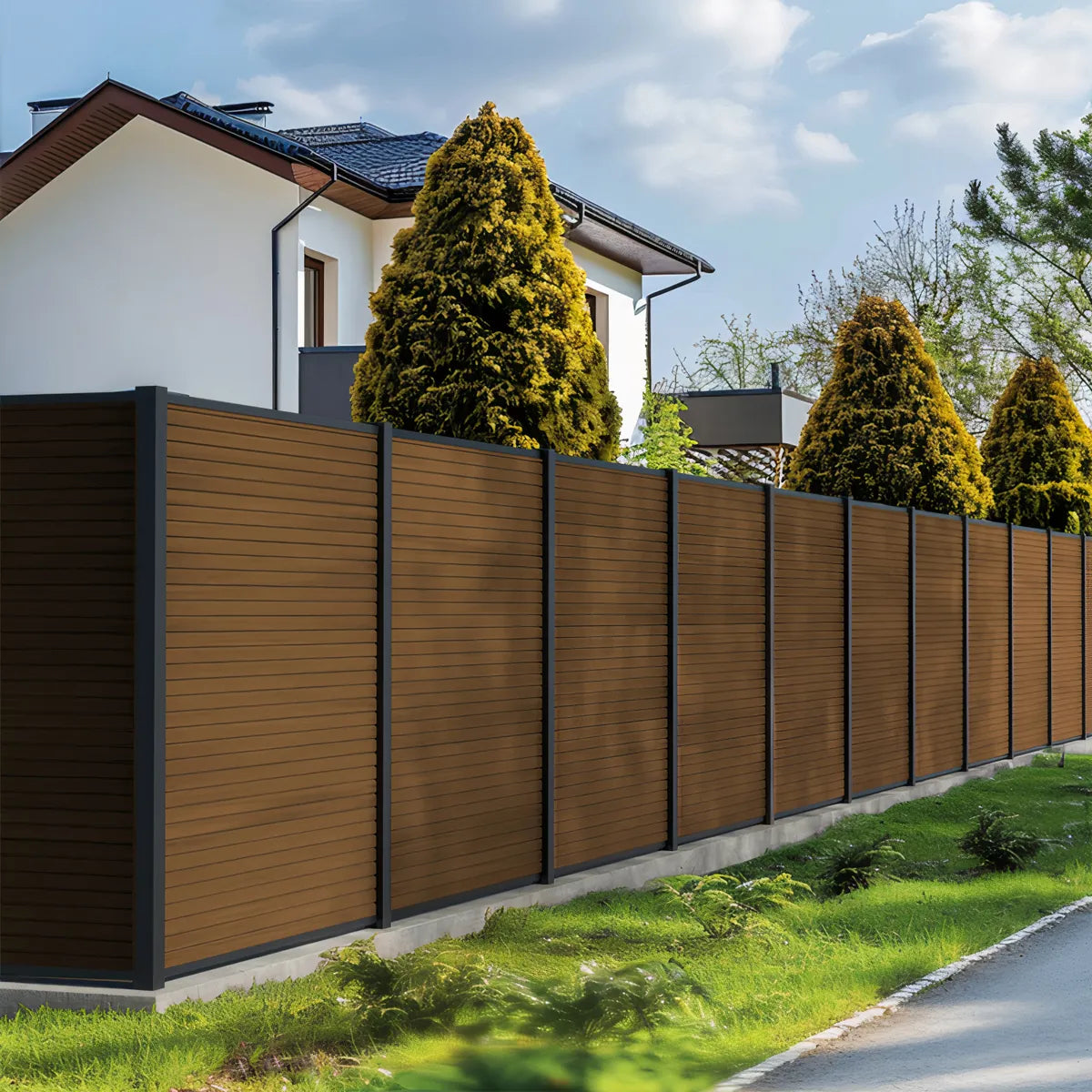 WPC-Zaun Teak Linie Santos, modernes Design und ästhetische Außengestaltung