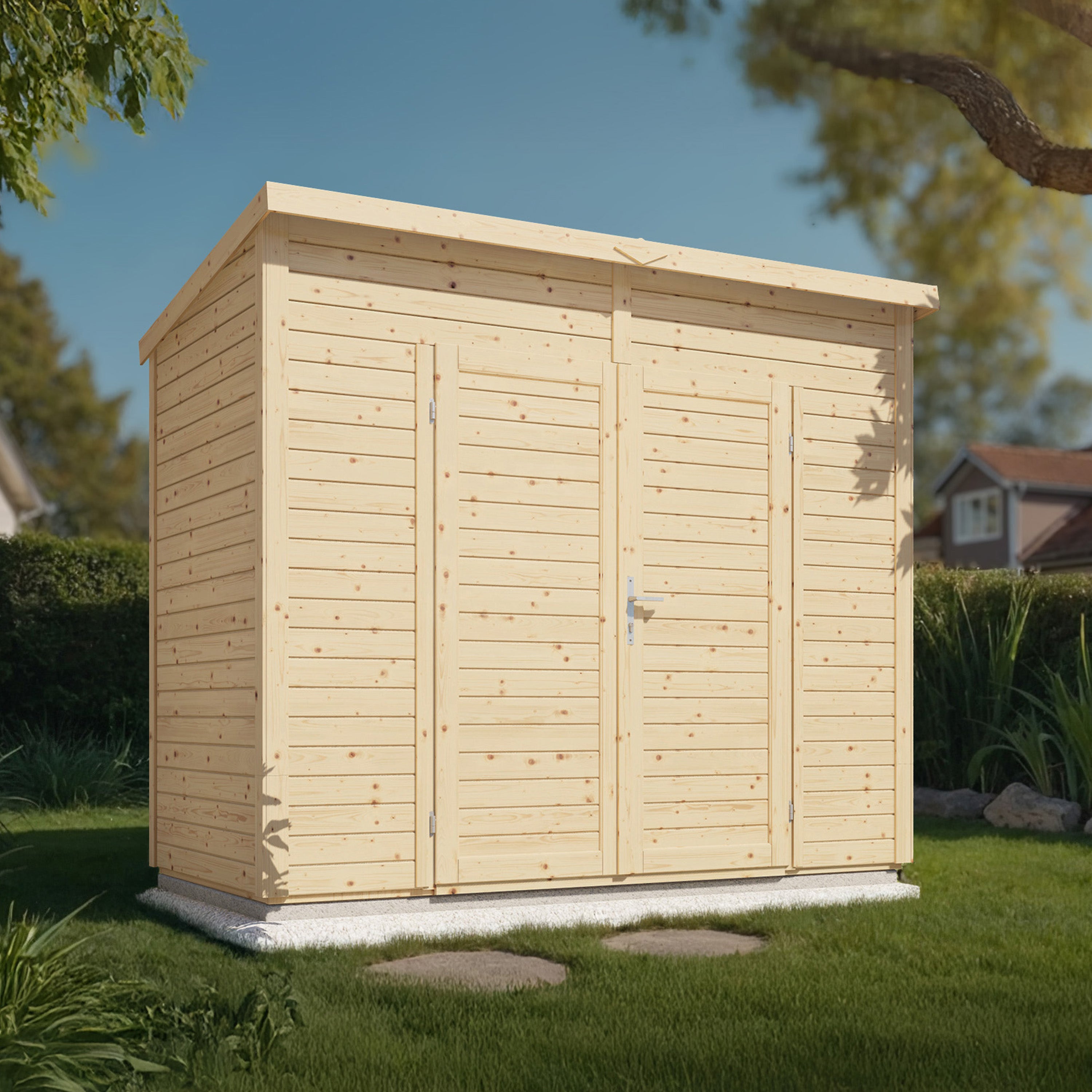 Abri de jardin bois Midway, modèle contemporain, posé sur pelouse verdoyante