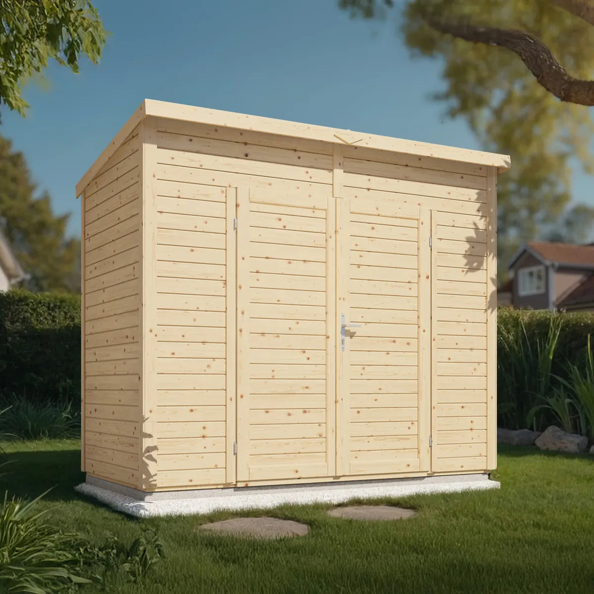 Abri de jardin bois Midway, modèle contemporain, posé sur pelouse verdoyante