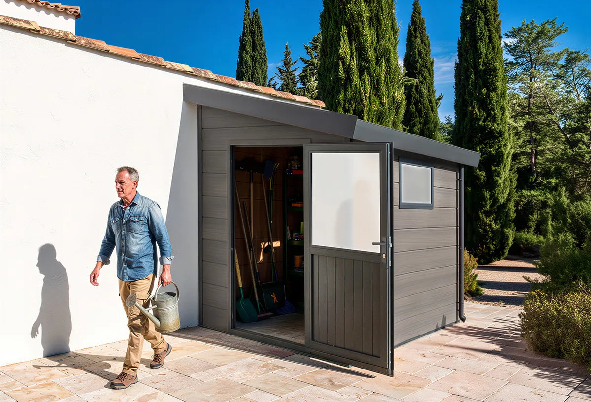 Abri composite adossé Mira 5 m² gris contre un mur blanc, homme avec un arrosoir