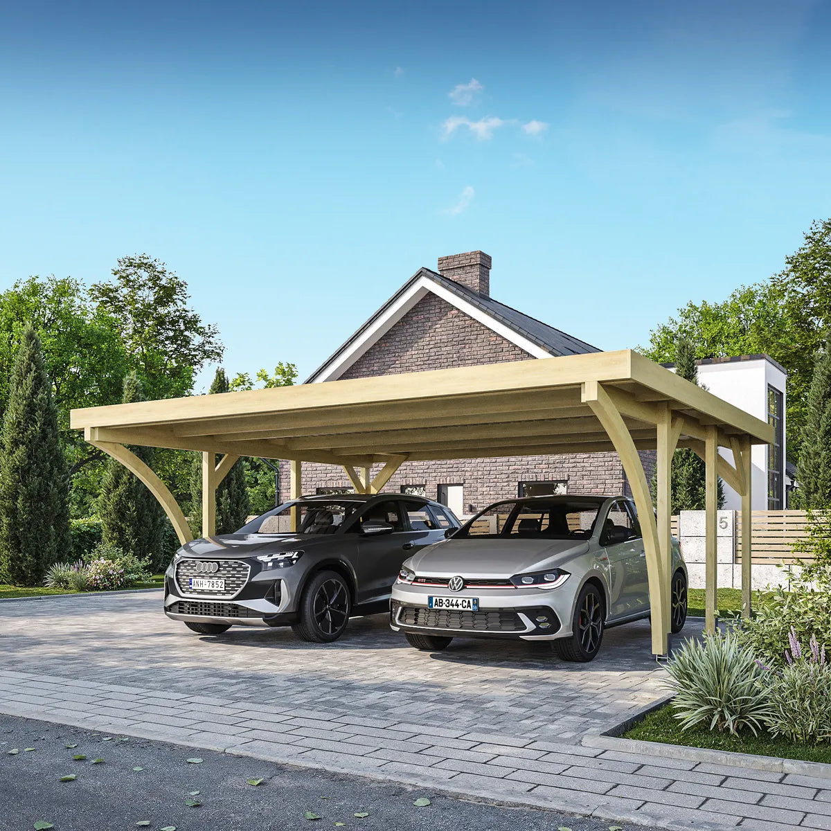 Carport bois Palerme 2 voitures, toit plat dans un jardin aménagé
