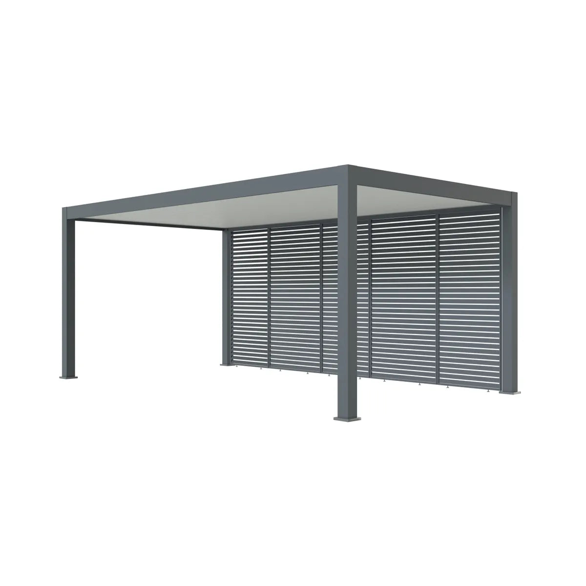 Aluminium-Carport mit horizontalen Lamellenpaneelen als Sichtschutz in Gartenatmosphäre