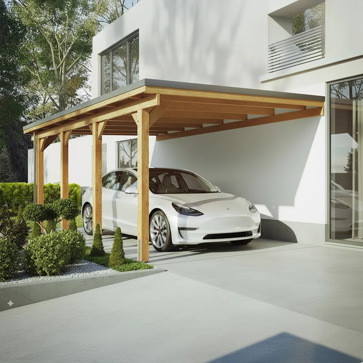 Carport bois Riverside 1 voiture sous lequel est garée une voiture blanche