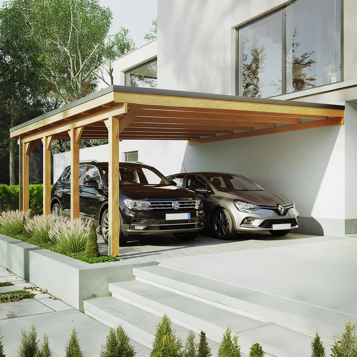Holz-Carport für 2 Autos, modernes Gartenambiente, an ein Haus angebaut