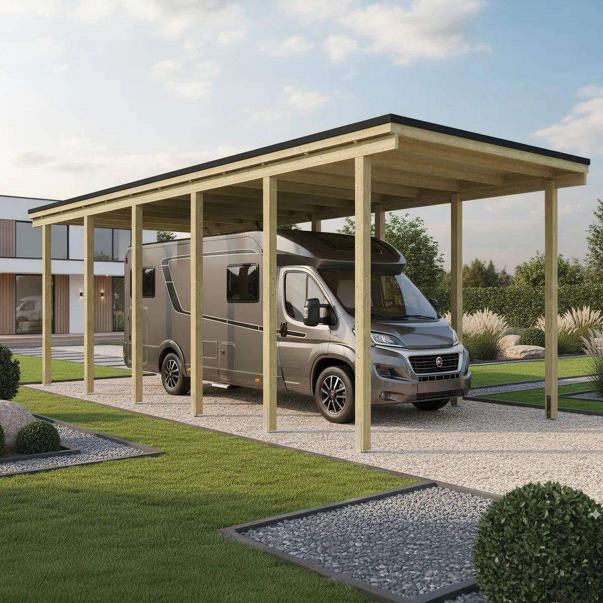Carport bois Syracuse pour camping-car, toit plat, ambiance jardin moderne