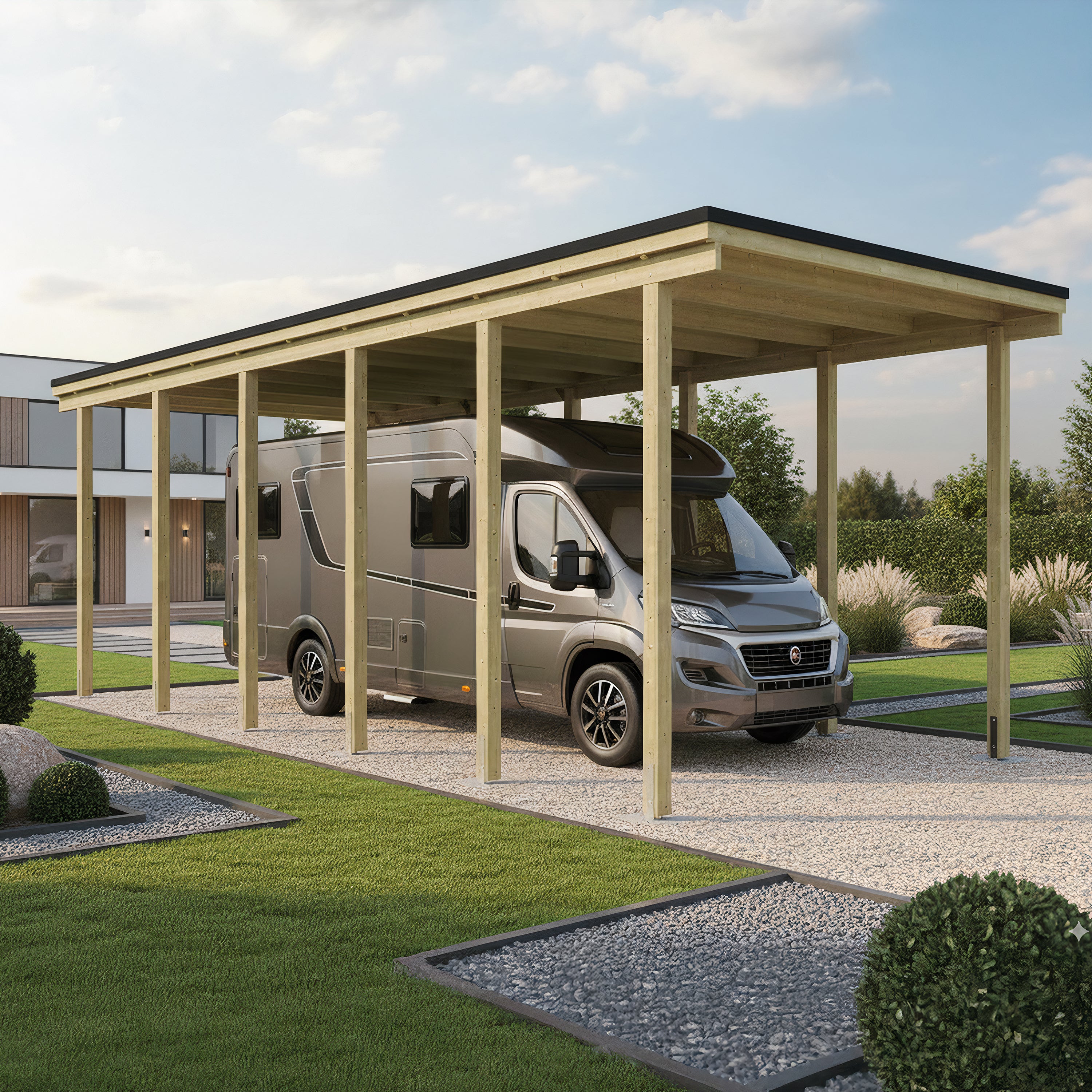 Carport bois Syracuse pour camping-car, toit plat, ambiance jardin moderne