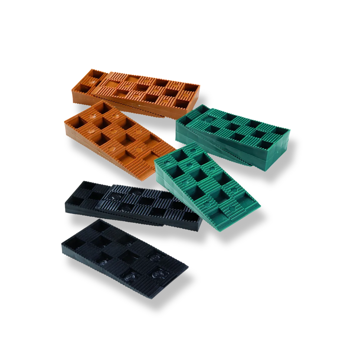 Plaquettes de calage en plastique, 10, 15 et 20 mm, vue détourée sur fond neutre