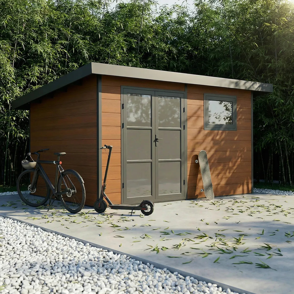 WPC-Gartenhaus Alma 11 m² in modernem Ambiente, Flachdach, Alu-Verkleidungen