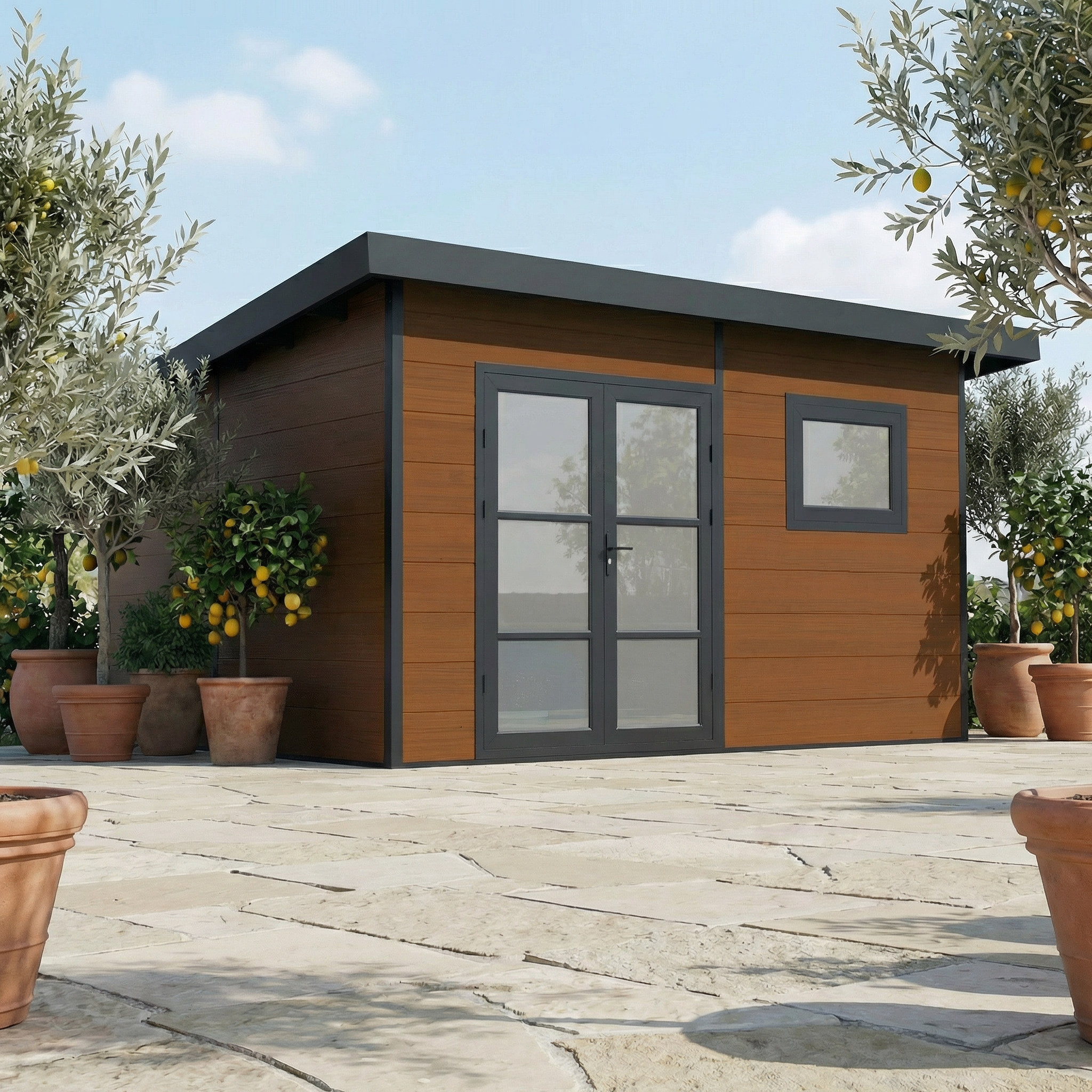 Abri de jardin composite Alma 15 m² avec toit plat et finitions alu