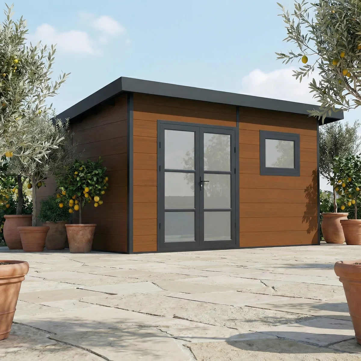 WPC-Gartenhaus Alma 15 m² mit Flachdach und Alu-Abschlüssen