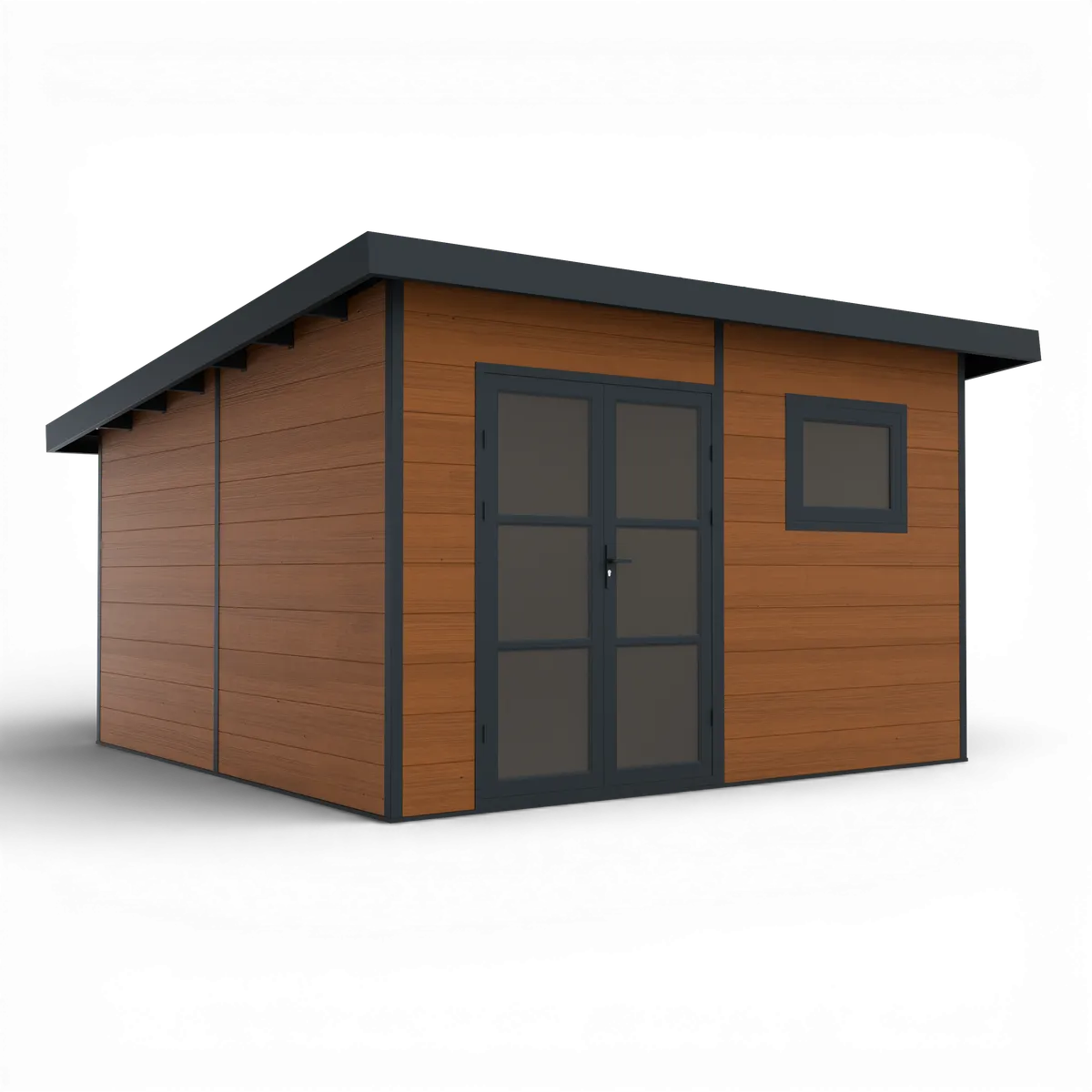 Abri de jardin composite Alma 15 m² brun, toit plat, porte double et fenêtre