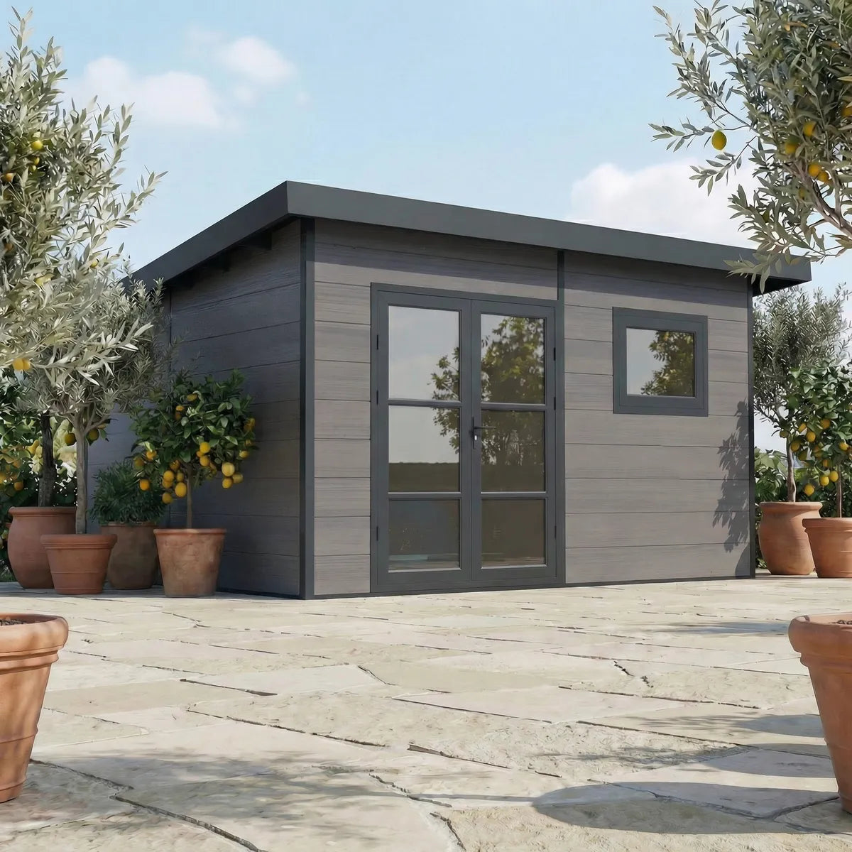 Caseta de jardín composite Alma 15 m² gris, con ventanas, en un jardín
