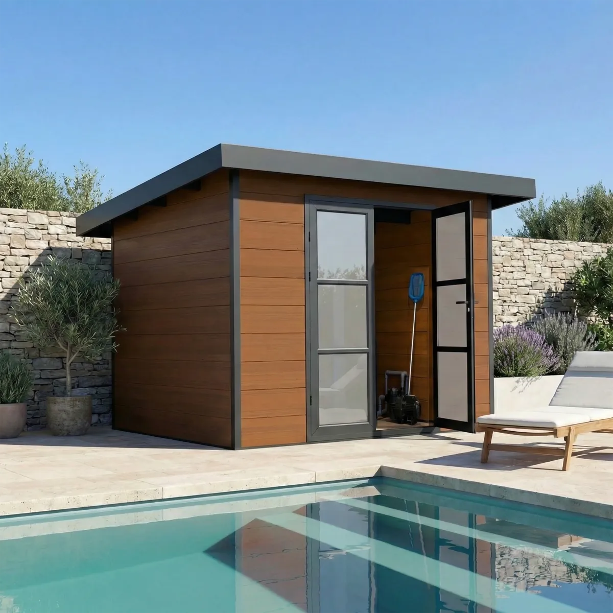 WPC-Gartenhaus Alma 7 m², Flachdach, in der Nähe eines Schwimmbeckens installiert