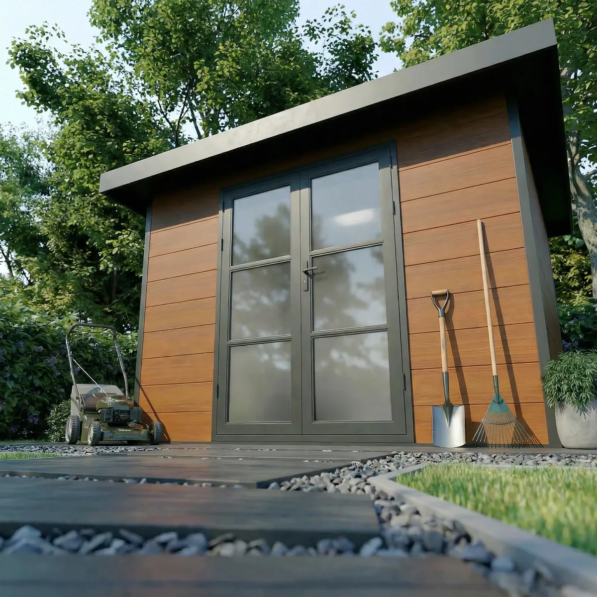 Abri composite Alma 9 m² brun avec outils de jardin devant la porte