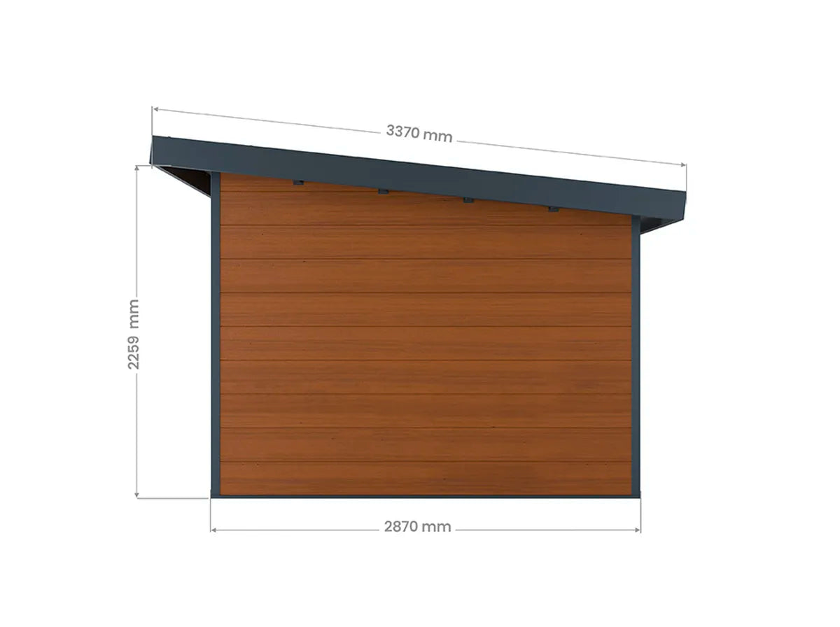 Plan coté du côté de l'abri composite Alma 9 m²