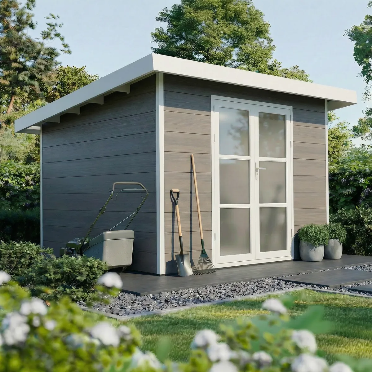 Abri de jardin composite Alma 9 m², finition gris et blanc, toit plat, ambiance jardin
