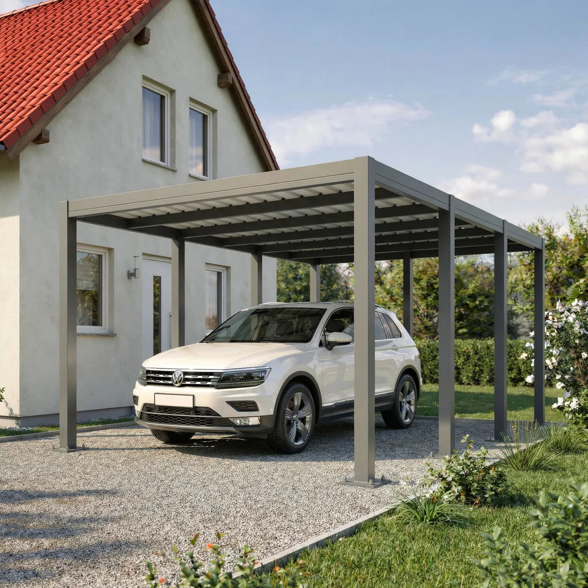 Carport de aluminio termolacado Carlton 1 coche autoportante en jardín