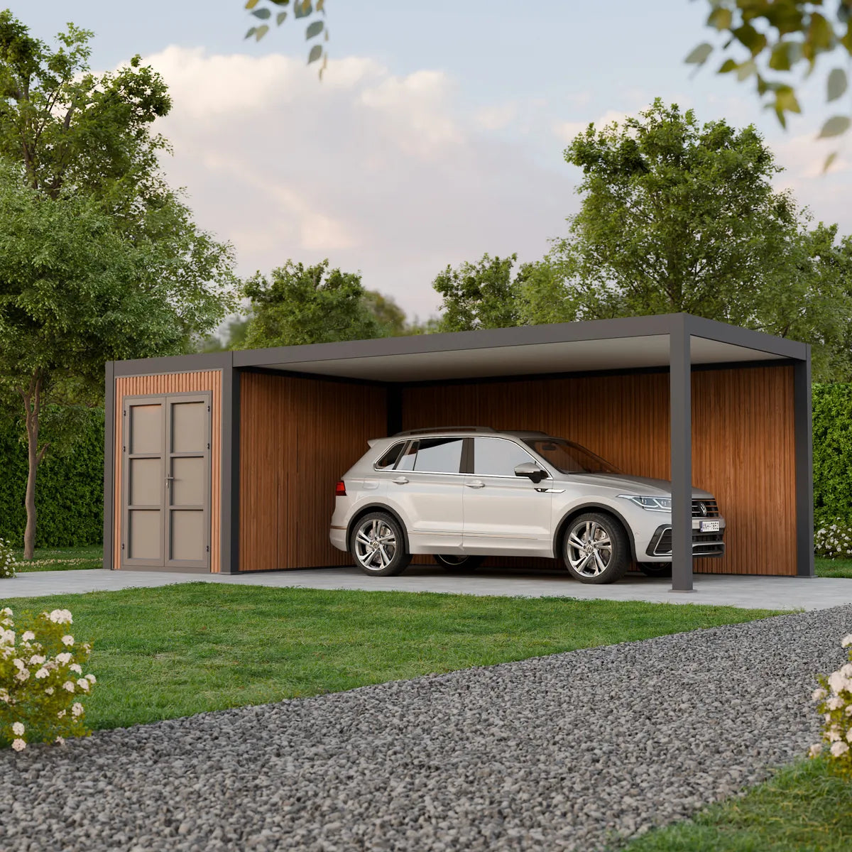Carport in alluminio Denver, vista ambientata con pannello laterale in legno, veicolo parcheggiato