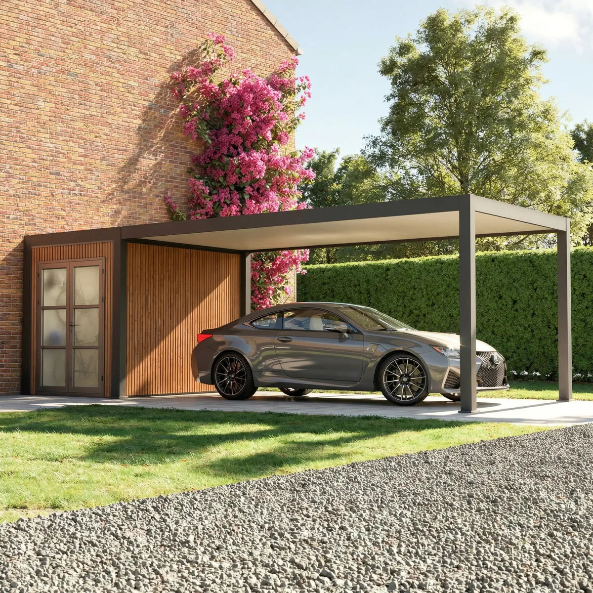 Carport aluminium Denver 1 voiture avec bardage en bois, jardin moderne