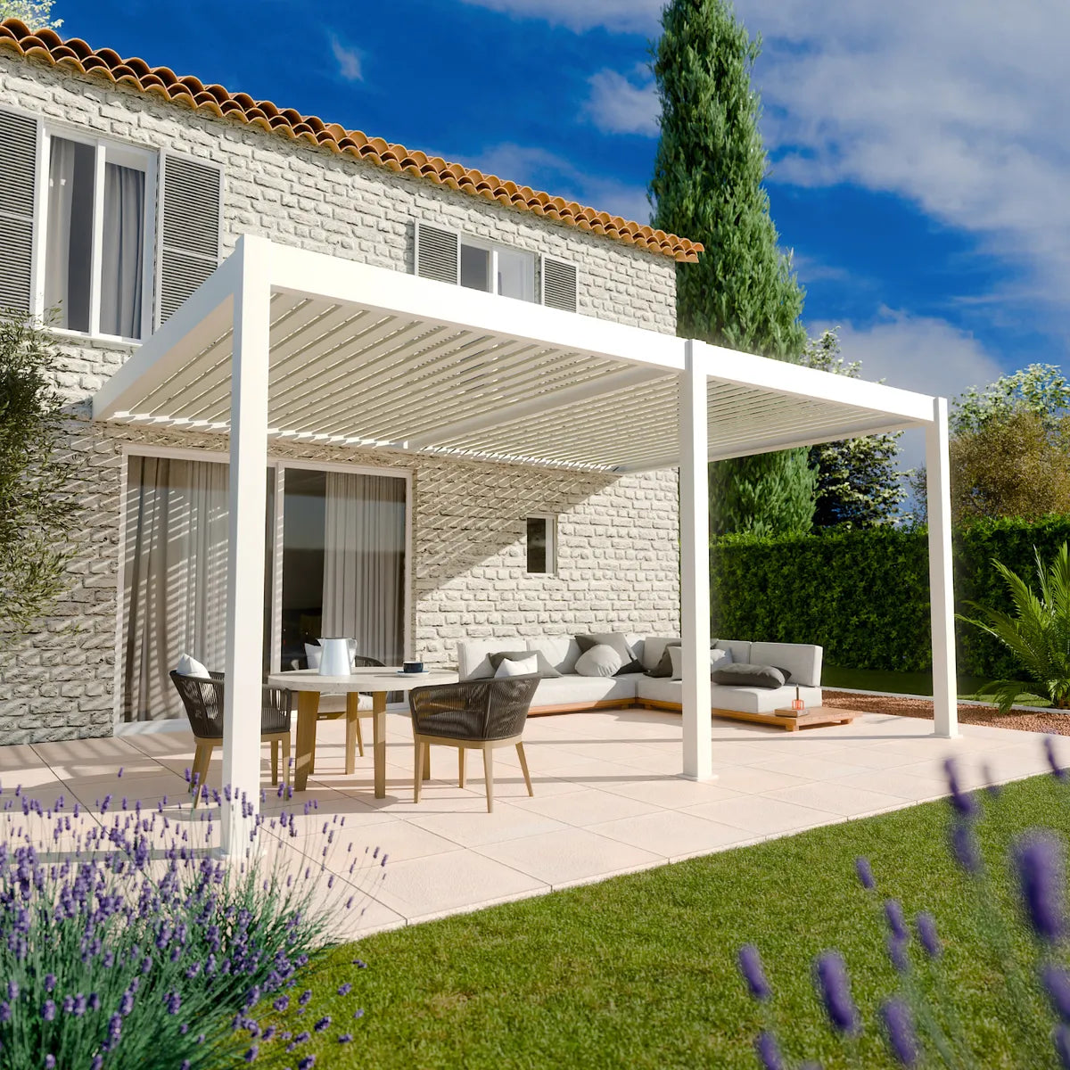 Lamellen overkapping aluminium Elios 3x5 m aangebouwd, tuin met terrasmeubilair