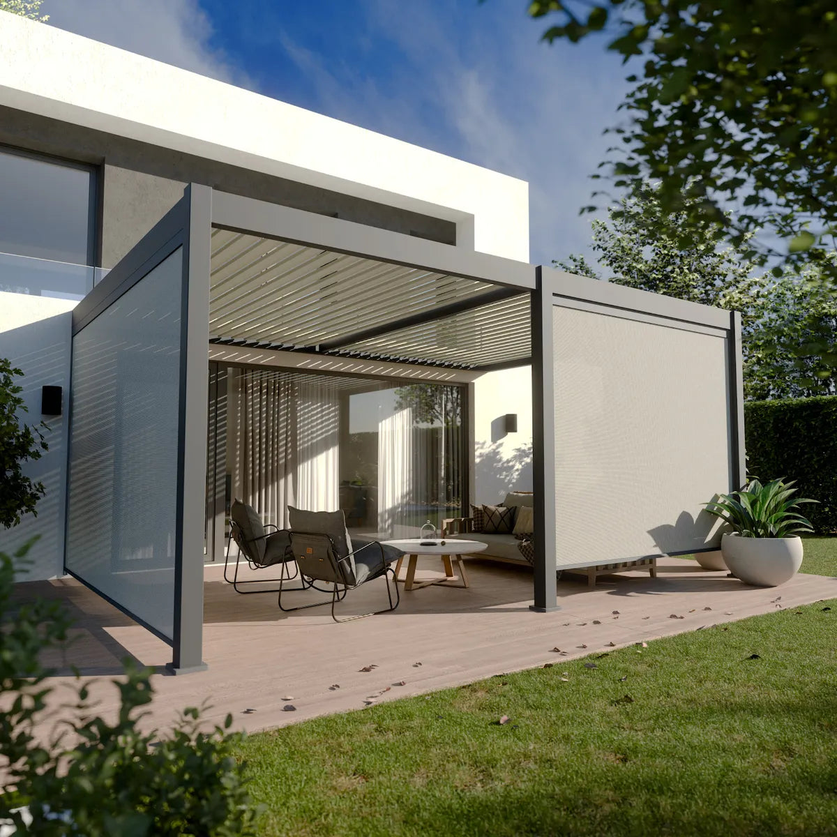 Lamellen overkapping aluminium Elios 3x5 m, moderne en groene sfeer