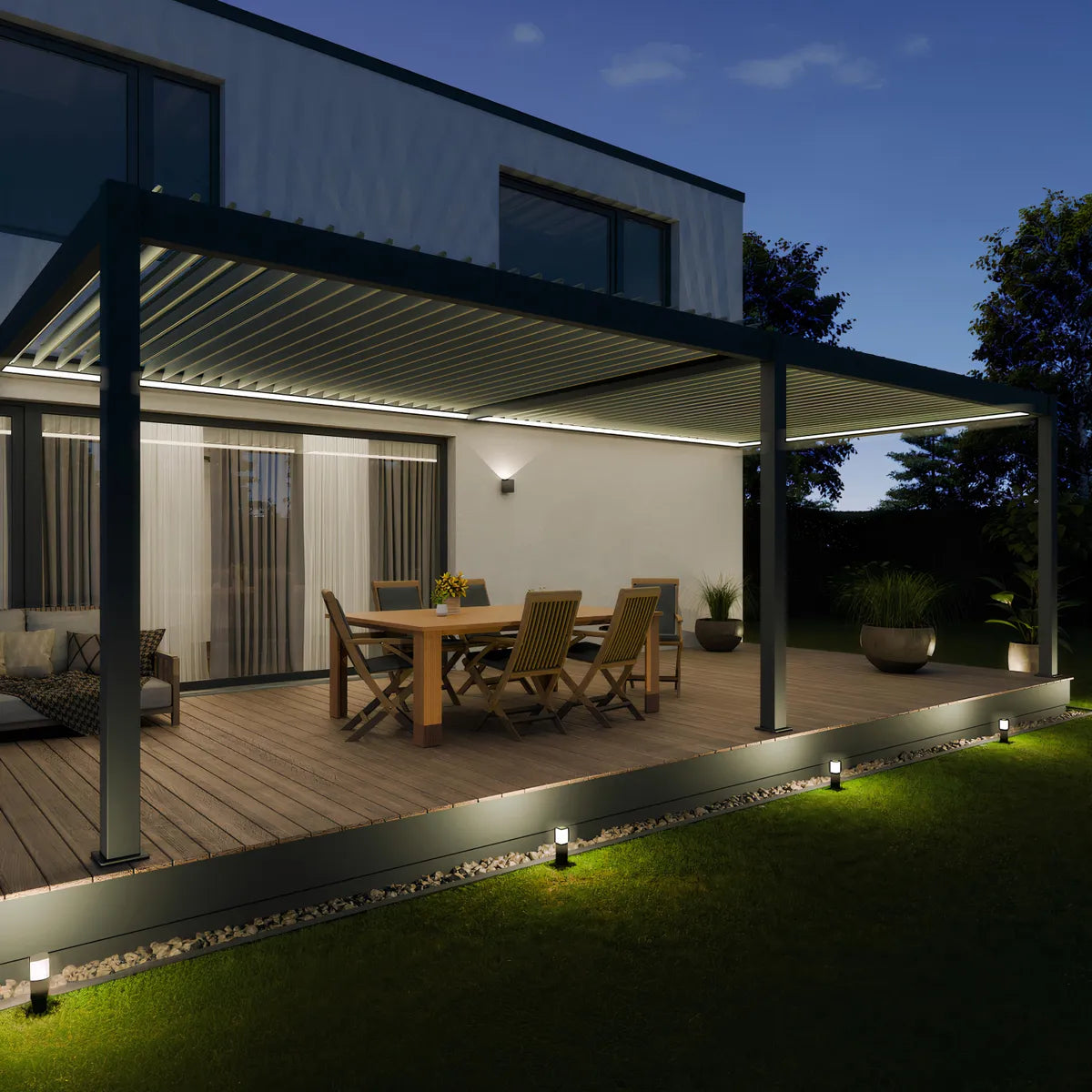 Pergola bioclimatique Elios 4x8 en aluminium dans un jardin contemporain