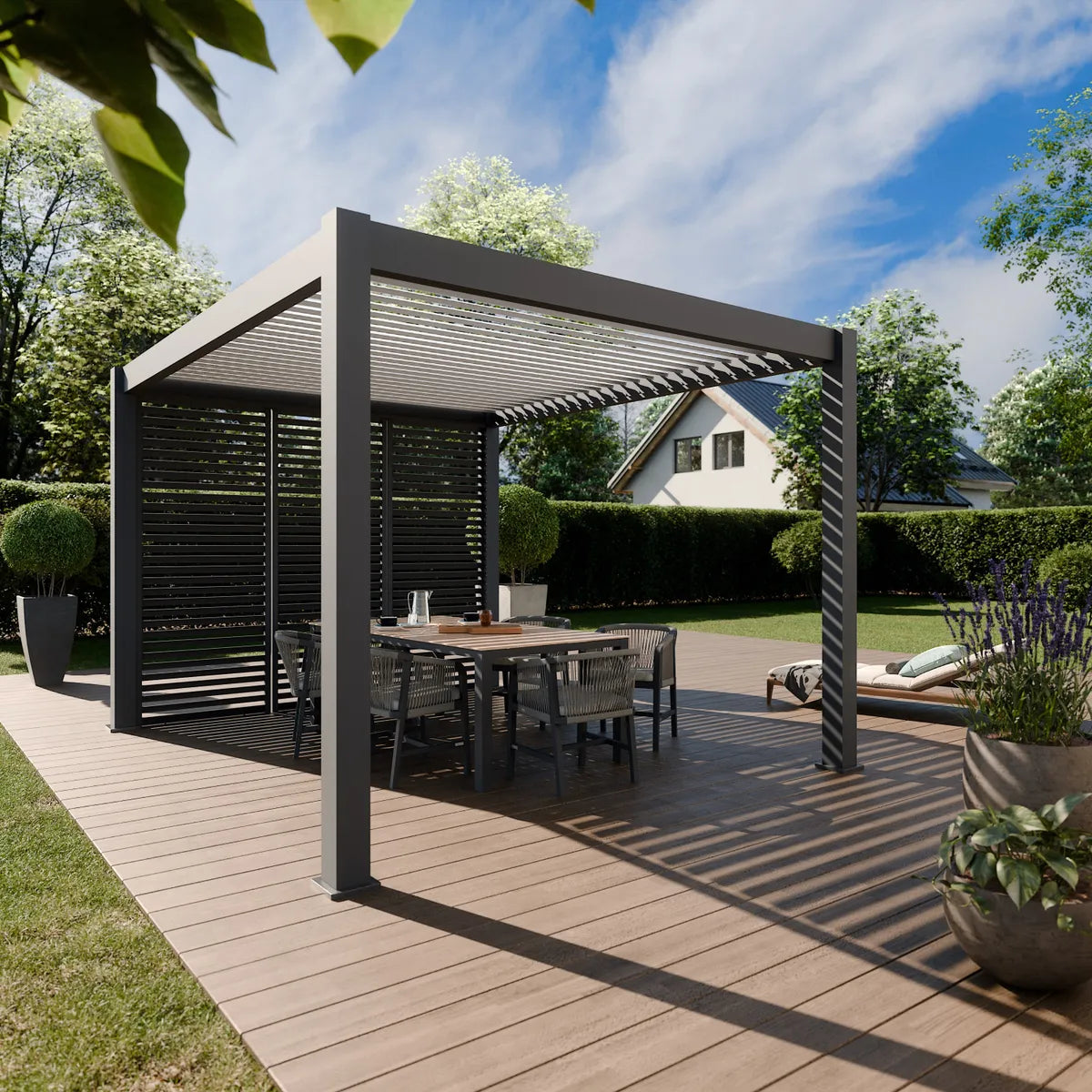 Pergola bioclimatique aluminium Elios 3x4 m, ambiance jardin avec terrasse bois