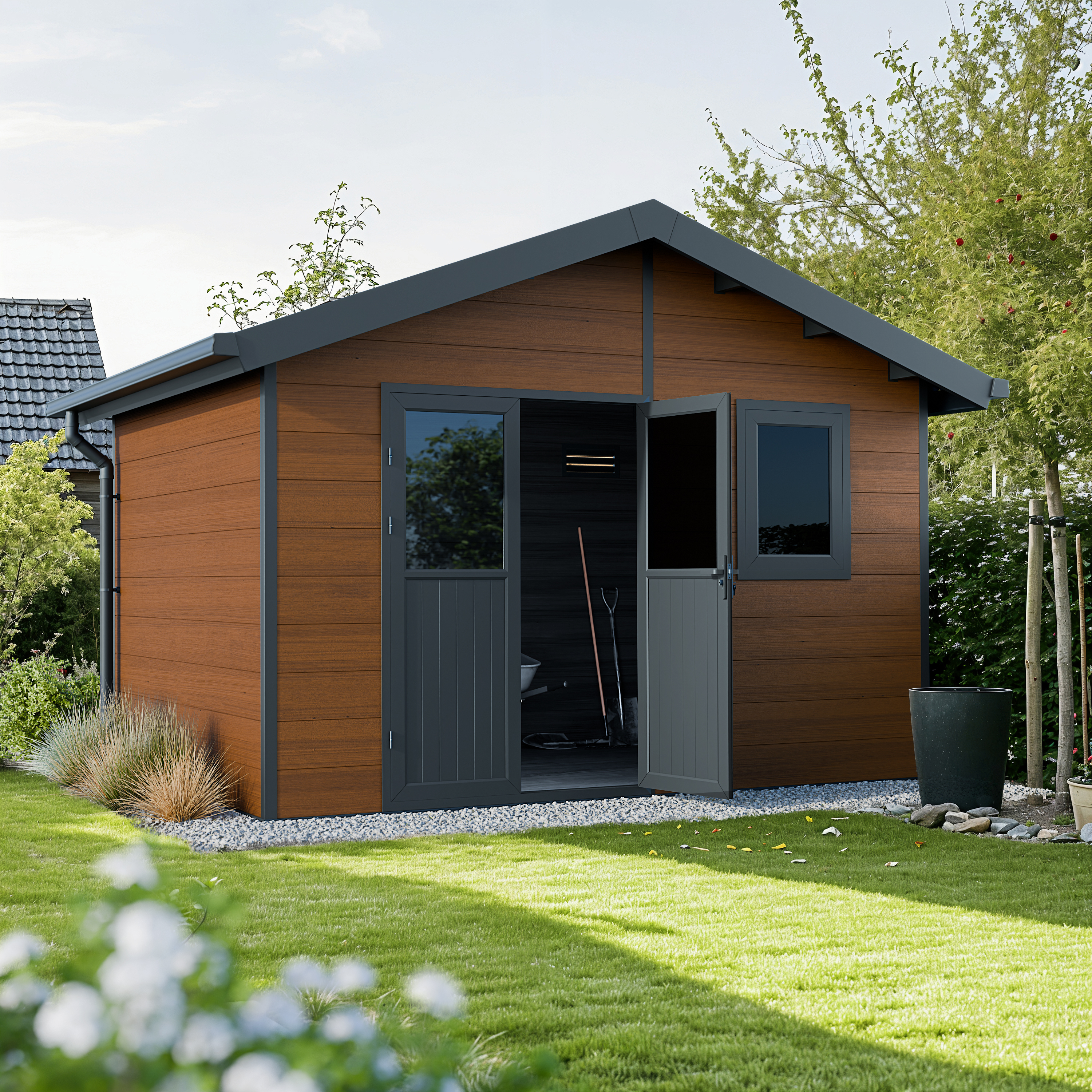 Abri de jardin composite Isora 12 m², marron, ambiance jardin, porte double