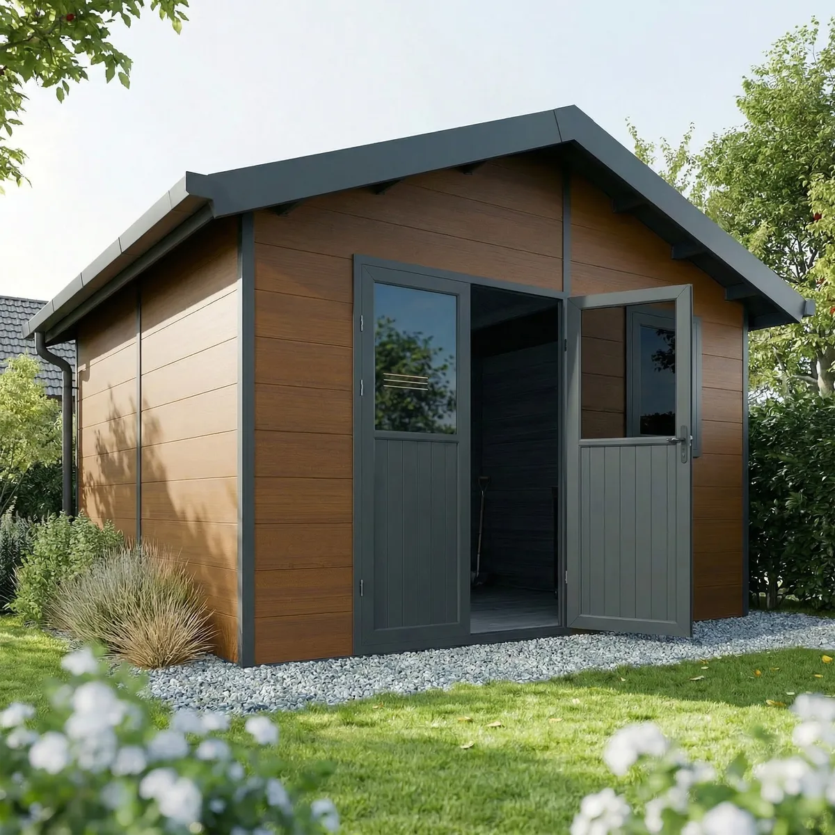Abri composite Isora 12 m² brun porte ouverte, sur graviers