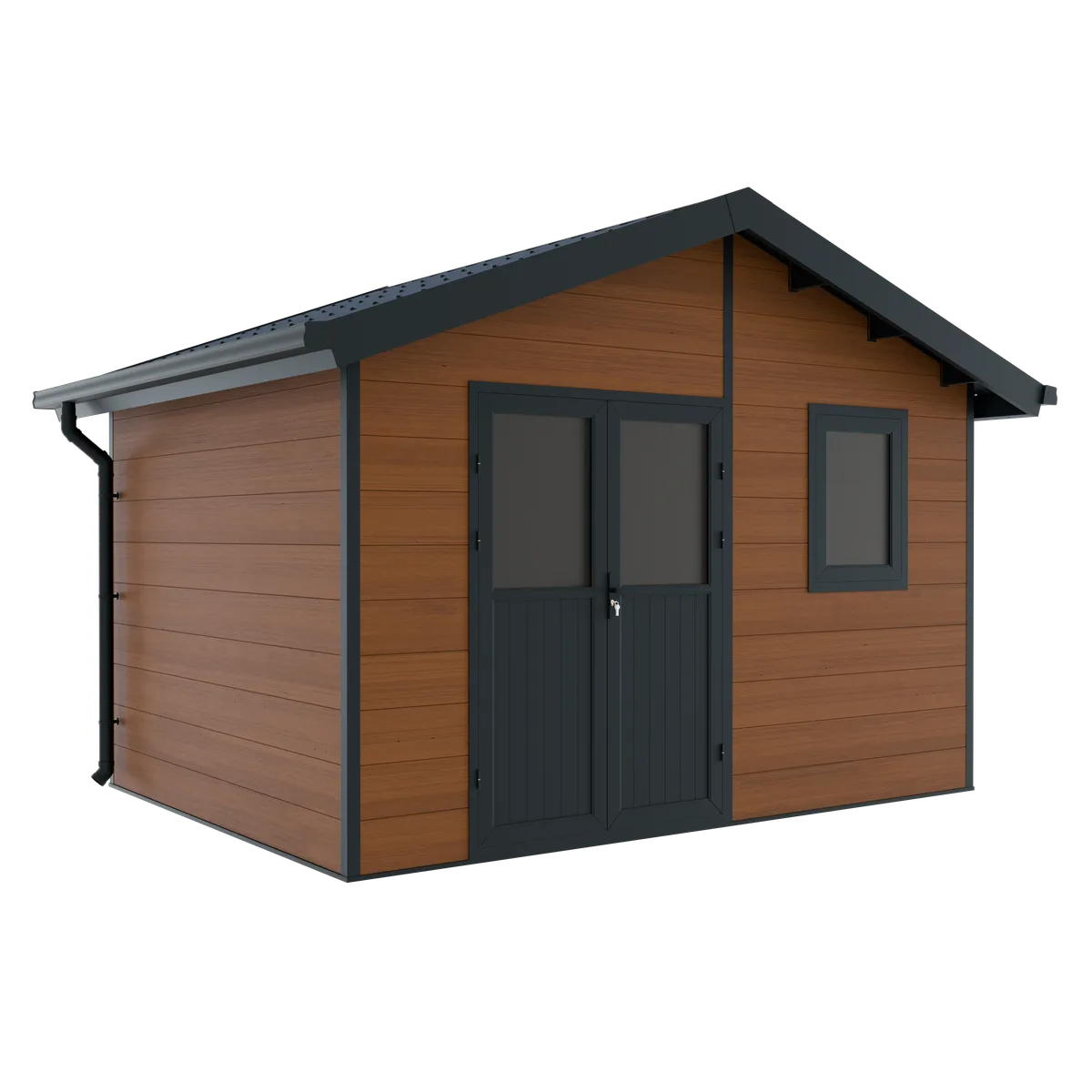 Abri de jardin composite Isora 12 m² brun, vue de trois quarts