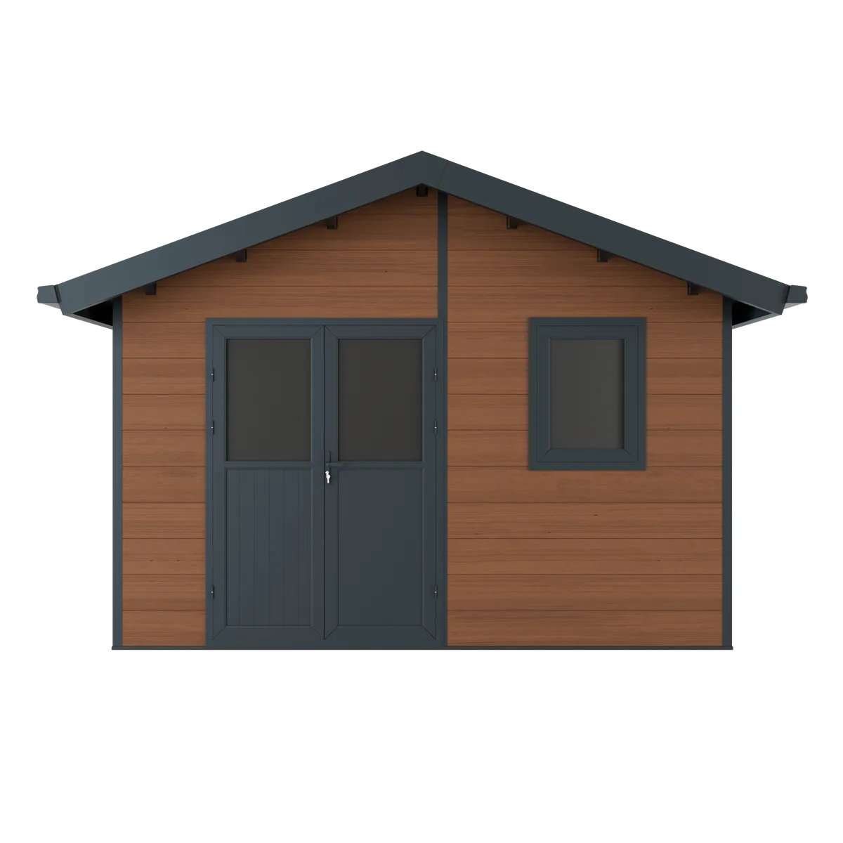 Abri composite Isora 12 m² brun de face, porte double et fenêtre