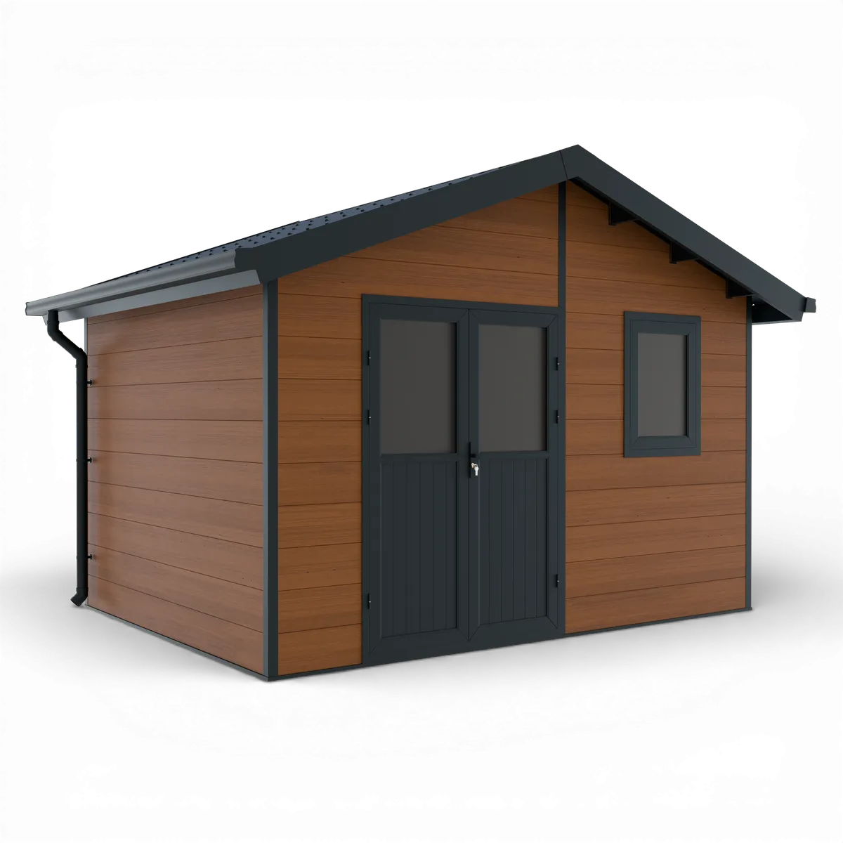 Abri de jardin composite Isora 12 m² brun, toit double pente et gouttière