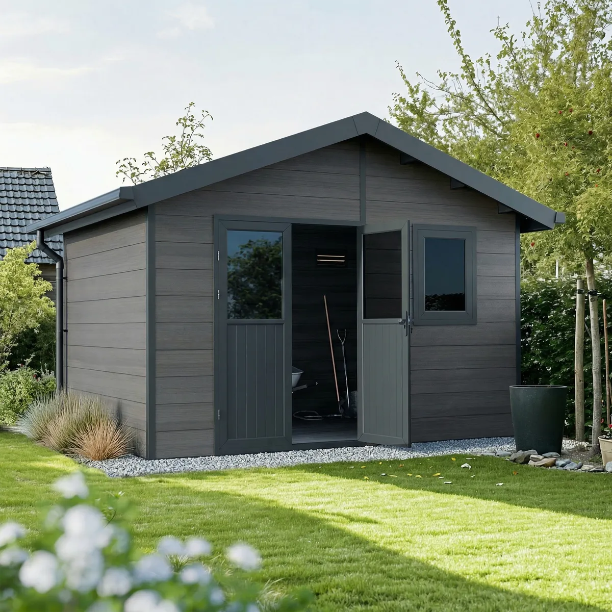 Caseta de jardín composite Isora 12 m² gris, instalada en un jardín frondoso